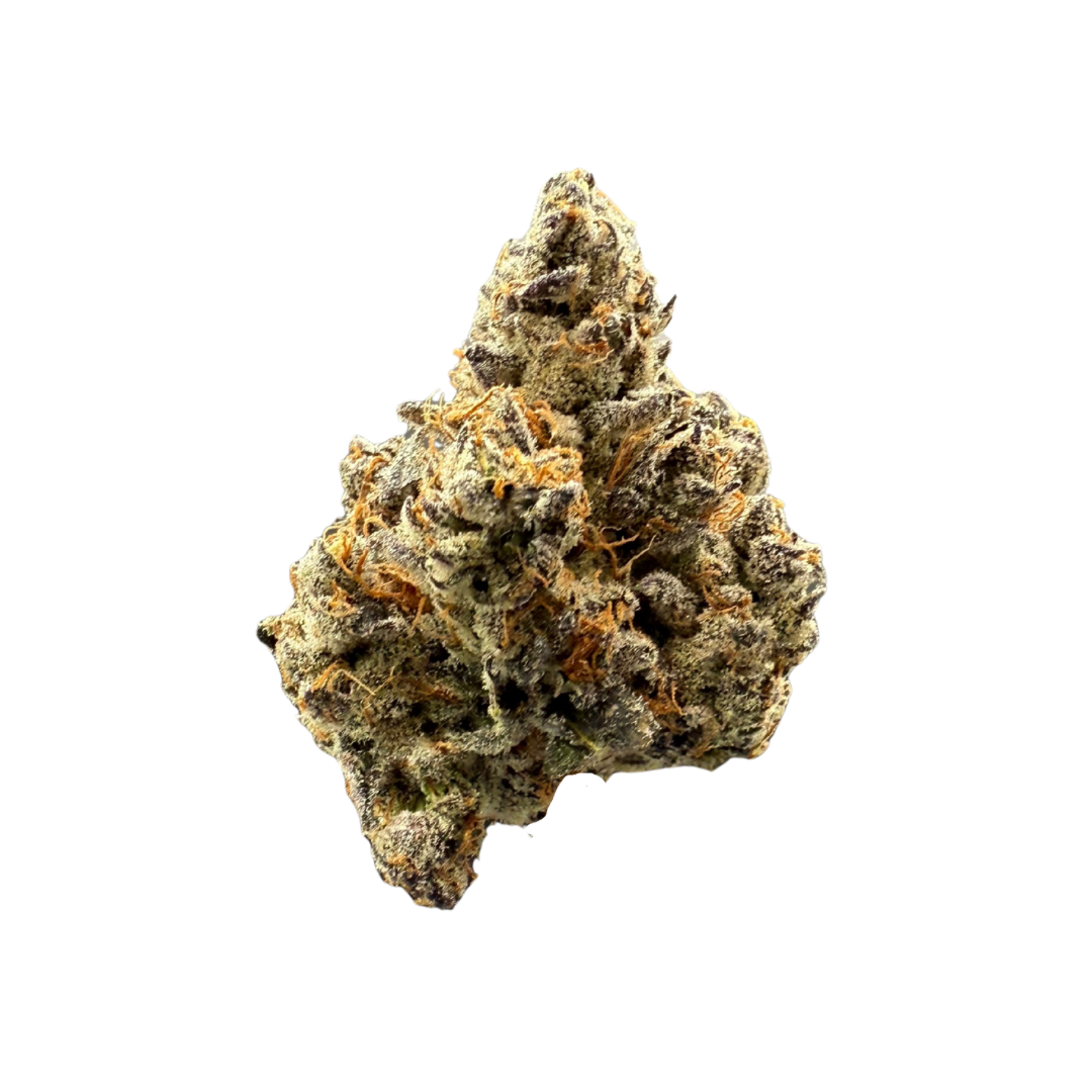 Close-up of a cannabis bud with dense, frosty trichomes and orange hairs.