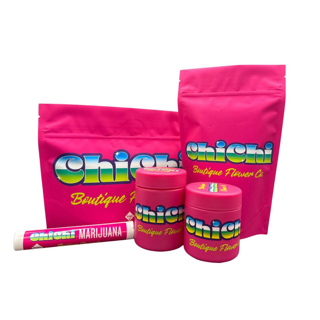 Assorted Chichi Boutique Flower cannabis-themed products, including two pink bags, two small pink containers, and a pink marijuana-themed lip balm, all with colorful "Chichi" branding.