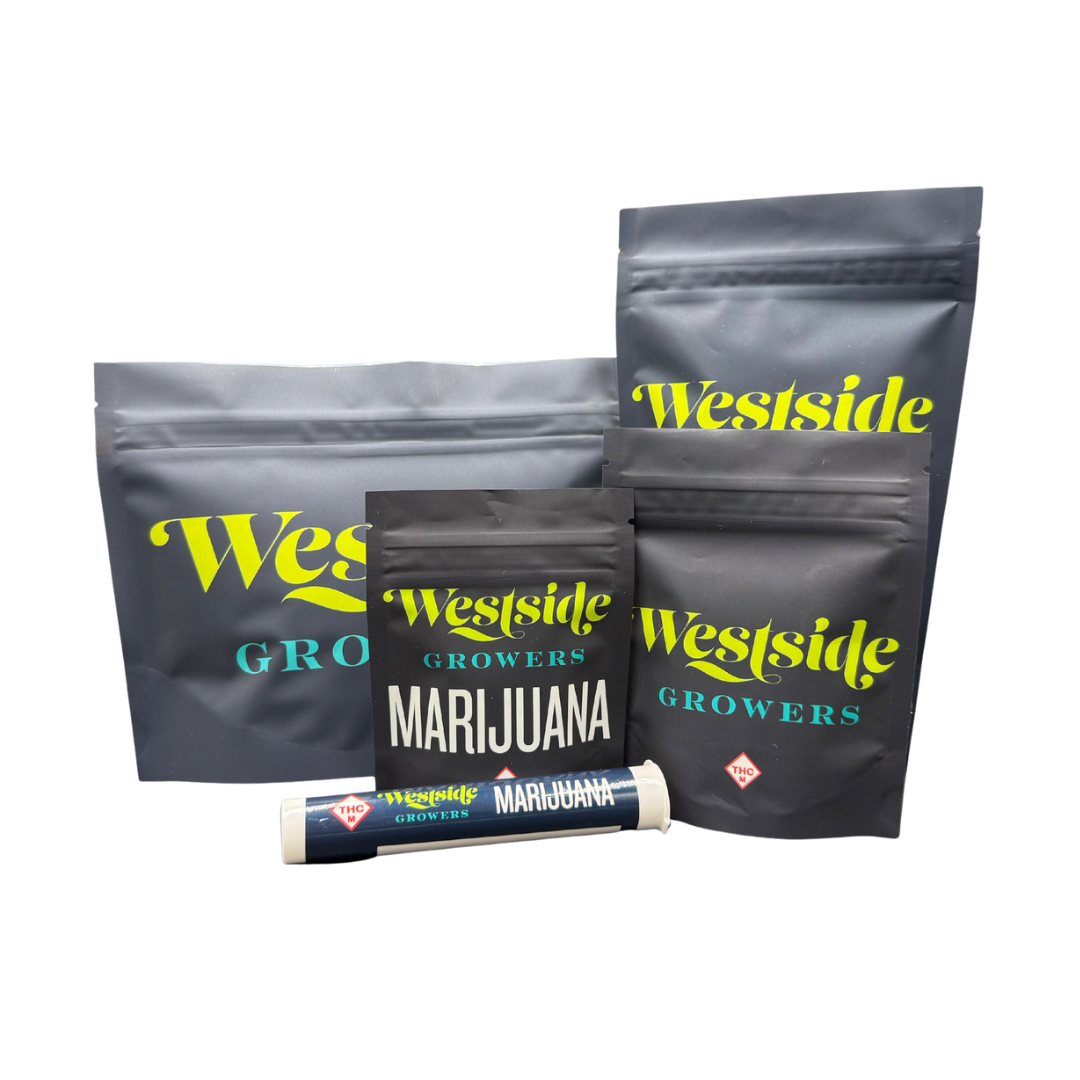 Various packages of marijuana from Westside Growers, including bags and a tube labeled 'Marijuana'.