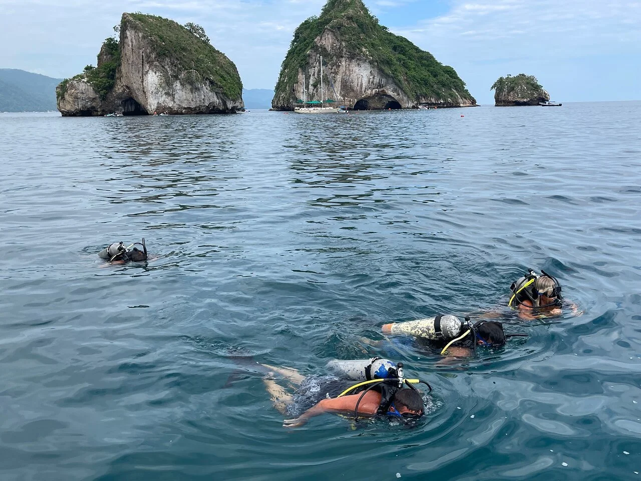 Four scuba divers swimming in the ocean near limestone islands with lush green vegetation.