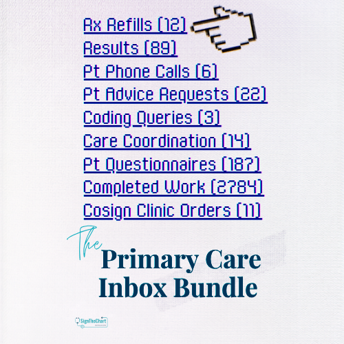 Primary Care Inbox Bundle cover showing a primary care EHR inbox folder list: Rx refills, results, patient phone calls, advice requests, care coordination, questionnaires, and cosign orders. Links to the product page.