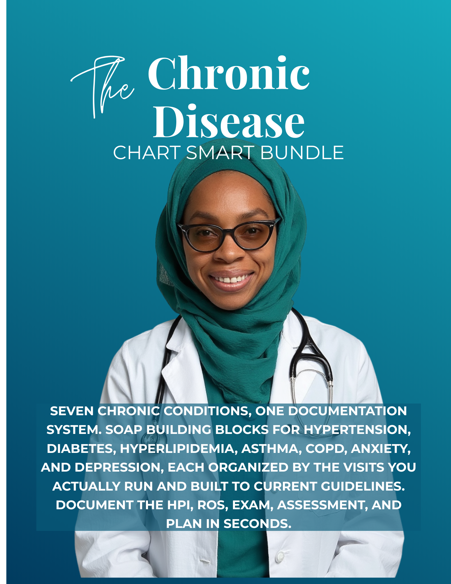 Chronic Disease Chart Smart Bundle cover: SOAP building blocks for hypertension, diabetes, hyperlipidemia, asthma, COPD, anxiety, and depression. Links to the product page.