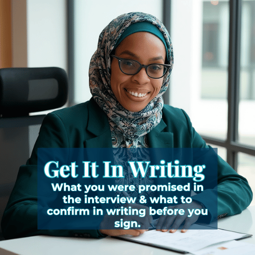 Smiling woman in glasses and hijab sitting at a desk with a notebook, with a quote about keeping promises in writing.