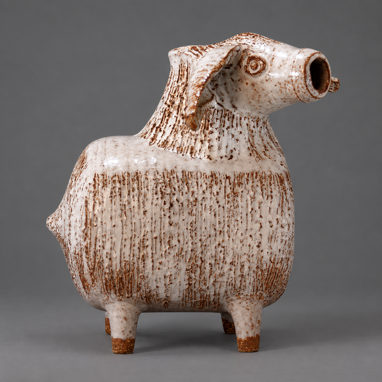 Ceramic Sheep Figure, Sponge-Glazed Stoneware, Scandinavian Mid-Century