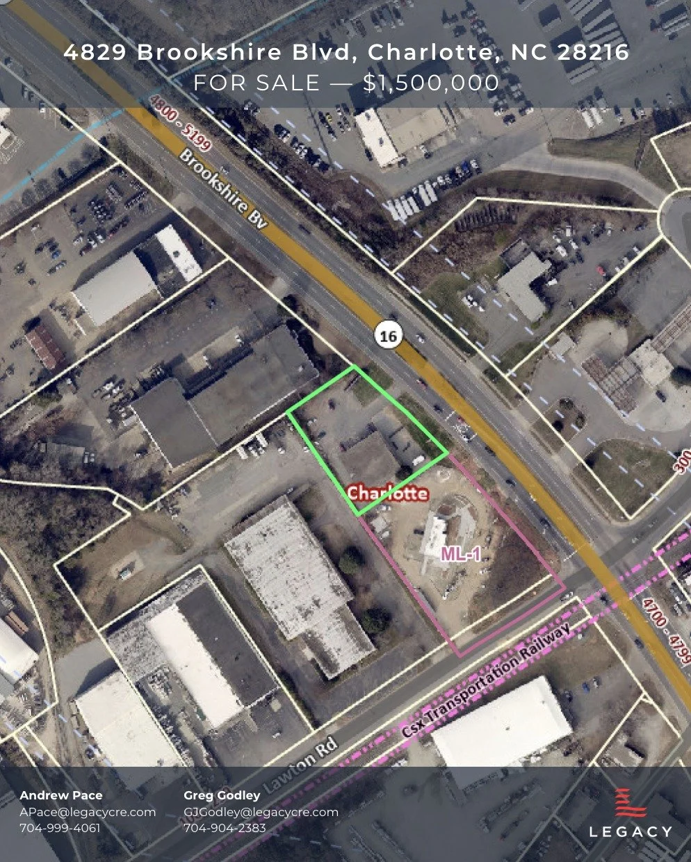 FOR SALE | Prime Commercial Opportunity 

4829 Brookshire Blvd, Charlotte, NC 28216

This ML-2 zoned property offers an exceptional opportunity for investors and owner-users alike in one of Charlotte&rsquo;s most high-traffic, high-visibility corrido
