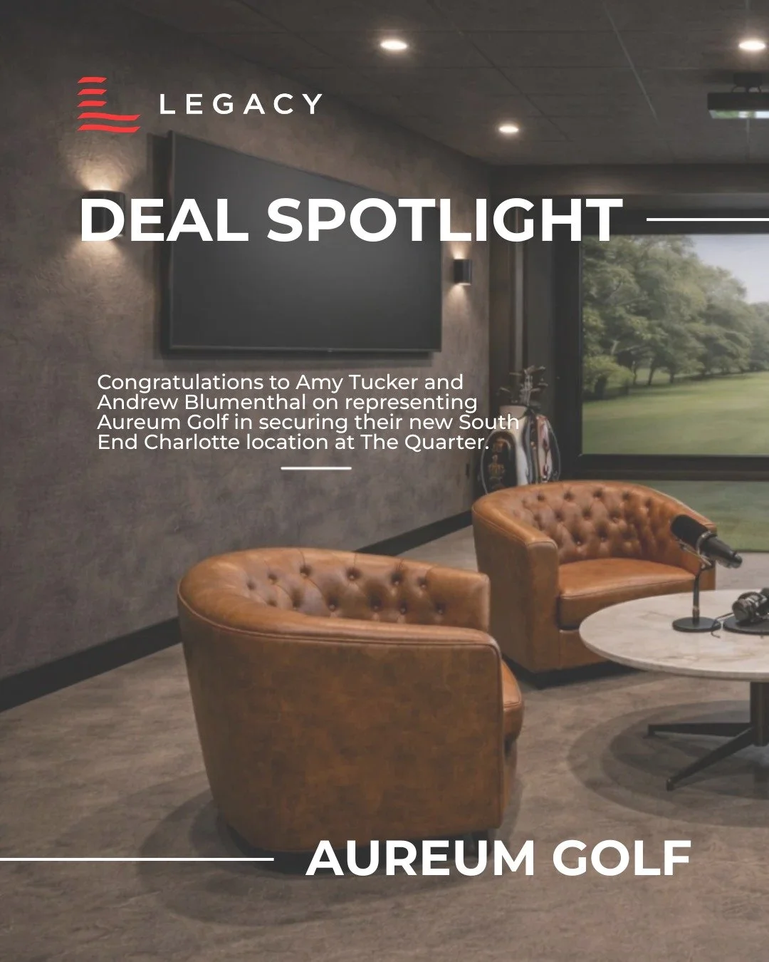 Congratulations to Amy Tucker and Andrew Blumenthal on representing Aureum Golf in securing their newest Charlotte locations in South End.

From securing a 10-year lease for their South End golf facility to establishing their first Charlotte office a