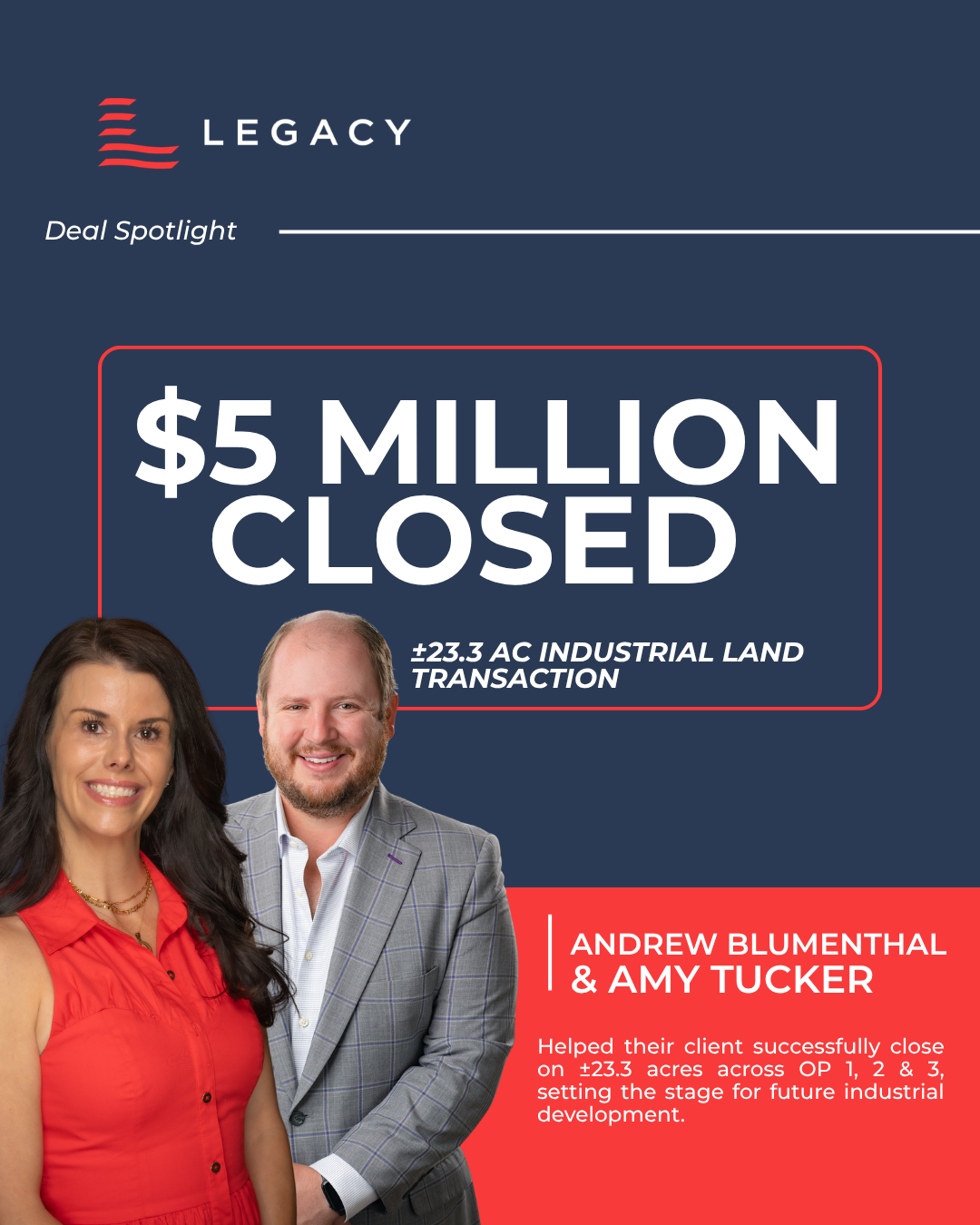 Senior Brokers Andrew Blumenthal and Amy Tucker Close a $5 Million Industrial Land Deal on the Mecklenburg-Cabarrus County Line