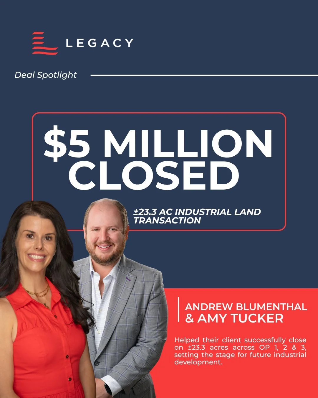 Another major industrial transaction across the finish line for Legacy.

Andrew Blumenthal and Amy Tucker successfully represented their client in the $5 million closing of OP 1, OP 2 and OP 3 along Caldwell Park Drive, totaling approximately 23.3 ac