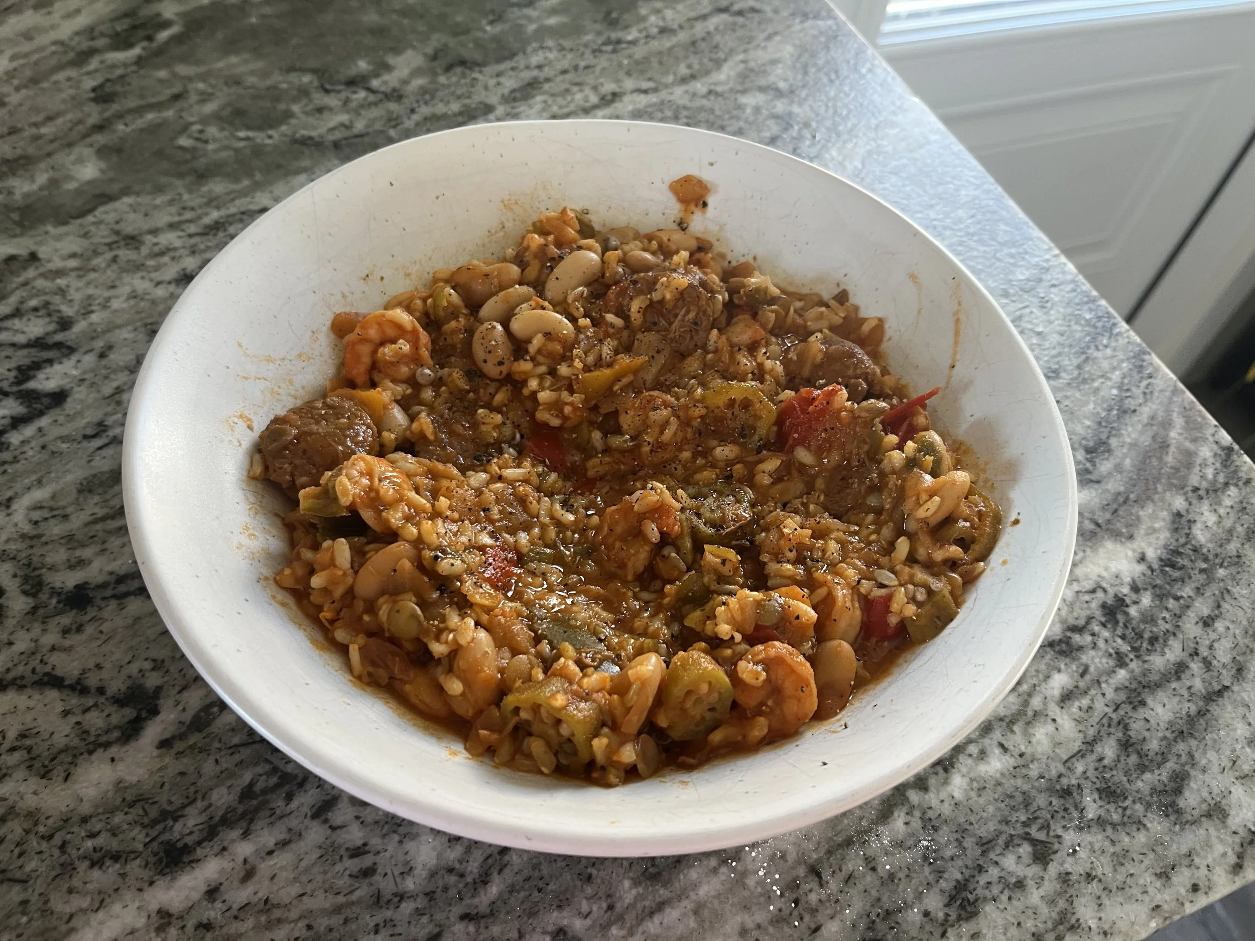 One-Pot Jambalaya with Shrimp, White Beans, and Okra