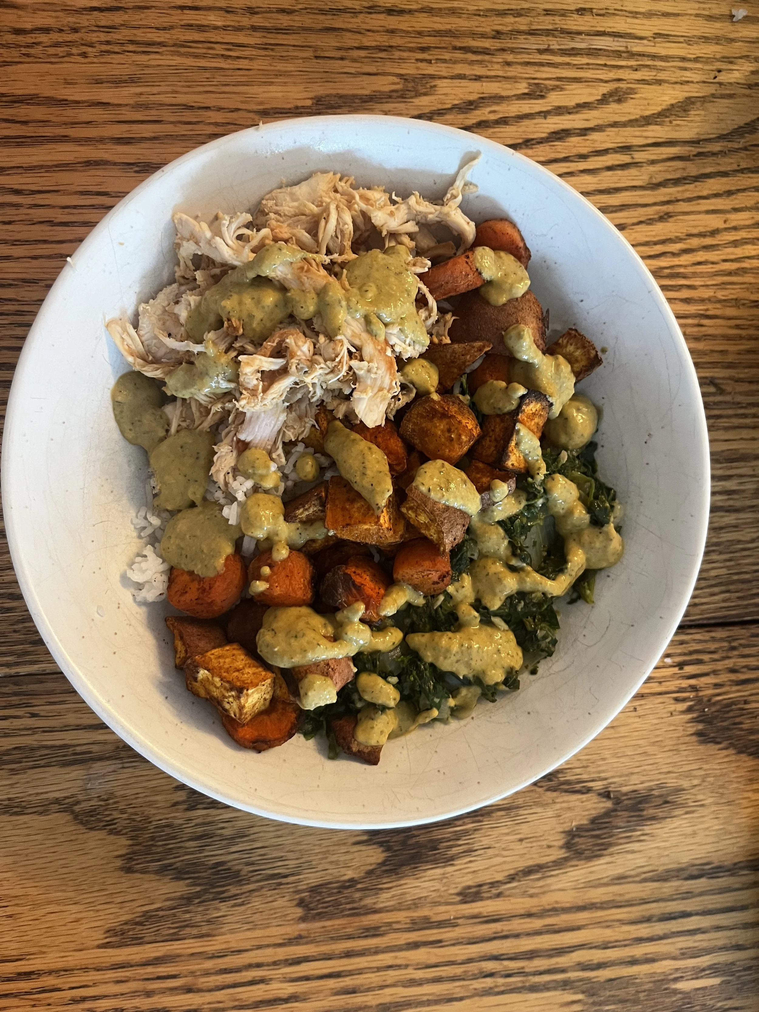 Lemon Herb Chicken with Quinoa, Roasted Sweet Potato, and Garlicky Greens
