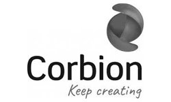 Logotipo de Corbion con eslogan 'Keep creating' y un símbolo abstracto en la parte superior derecha.