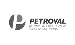 Logotipo de Petroval con el texto "Refining & Petrochemical Process Solutions" en letras negras, acompañado de un diseño gráfico circular a la izquierda.