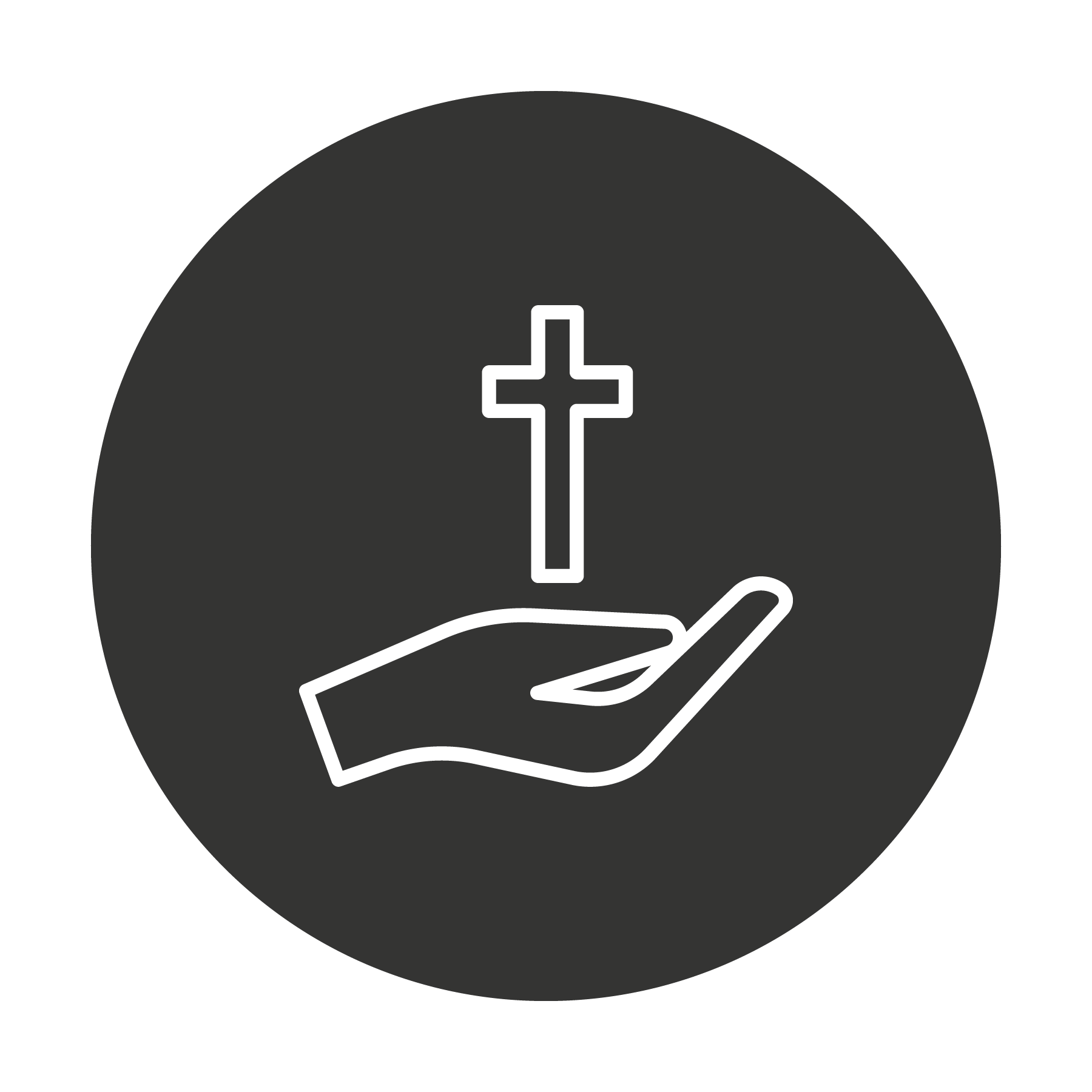 Outline of a hand holding a cross, set against a dark circular background.