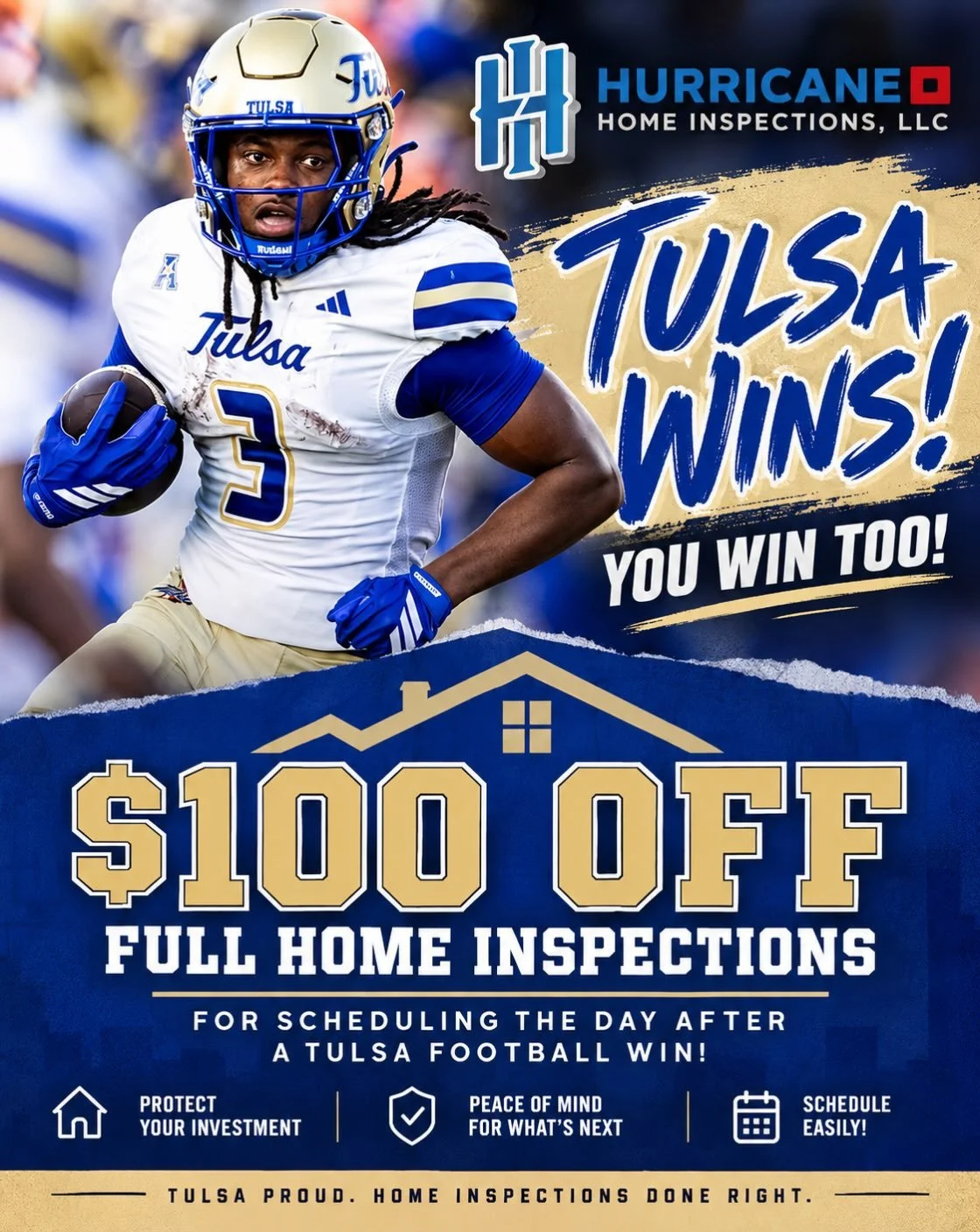When Tulsa wins, you win! 🎉 
 Schedule a full home inspection today, Sunday, and you get $100 off to celebrate a Hurricane win! 🌀 
#gotu  #tulsafootball #homeinspection
