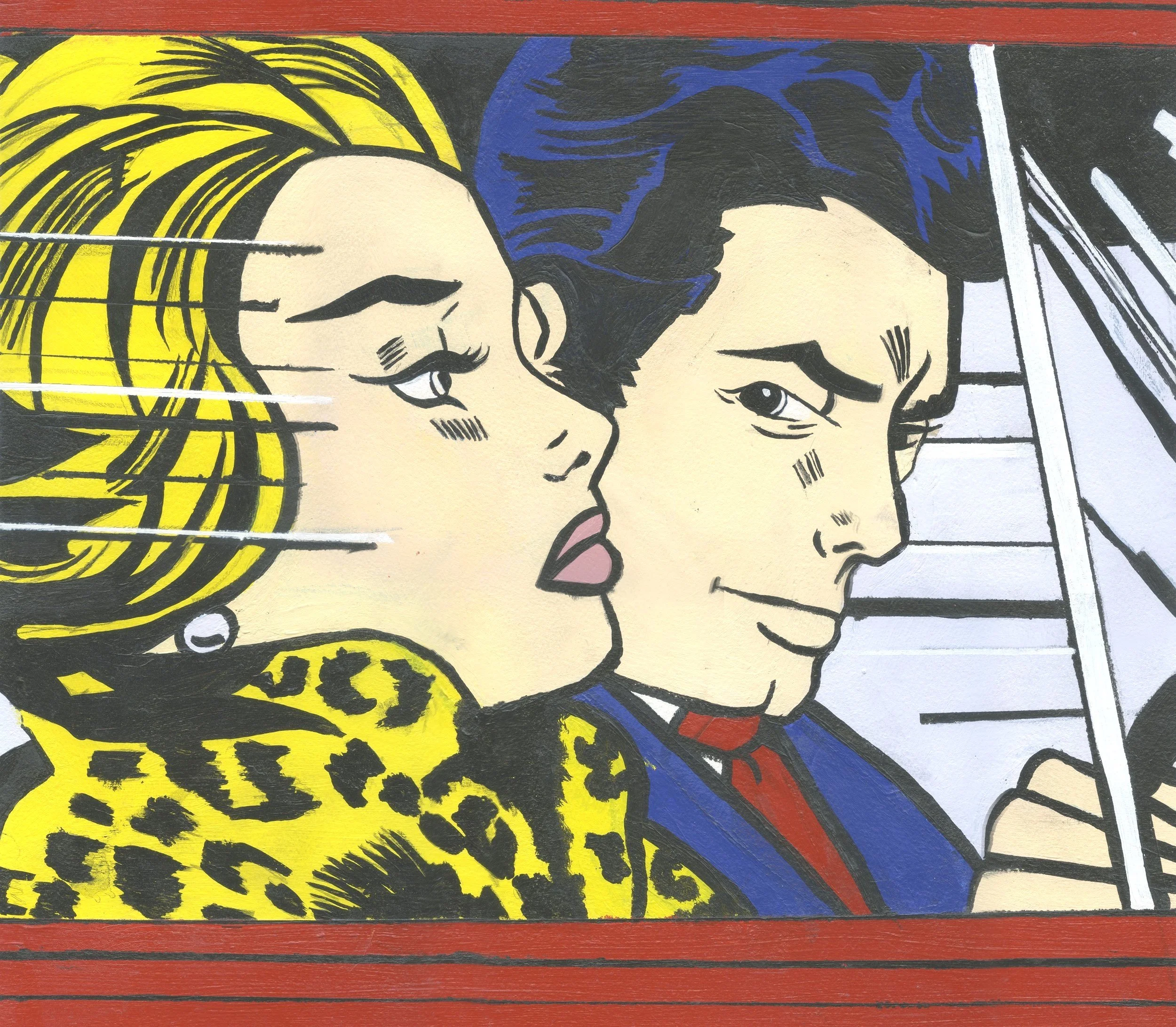 "Study of 'In the Car' by Roy Lichtenstein (1963)," 2022; Acrylic on paper; 1’10½”H x 1’10”W. In this Intro to Fine Art project we were tasked to choose any famous painting and replicate it using acrylic paint. No tools but a paint brush were allowed