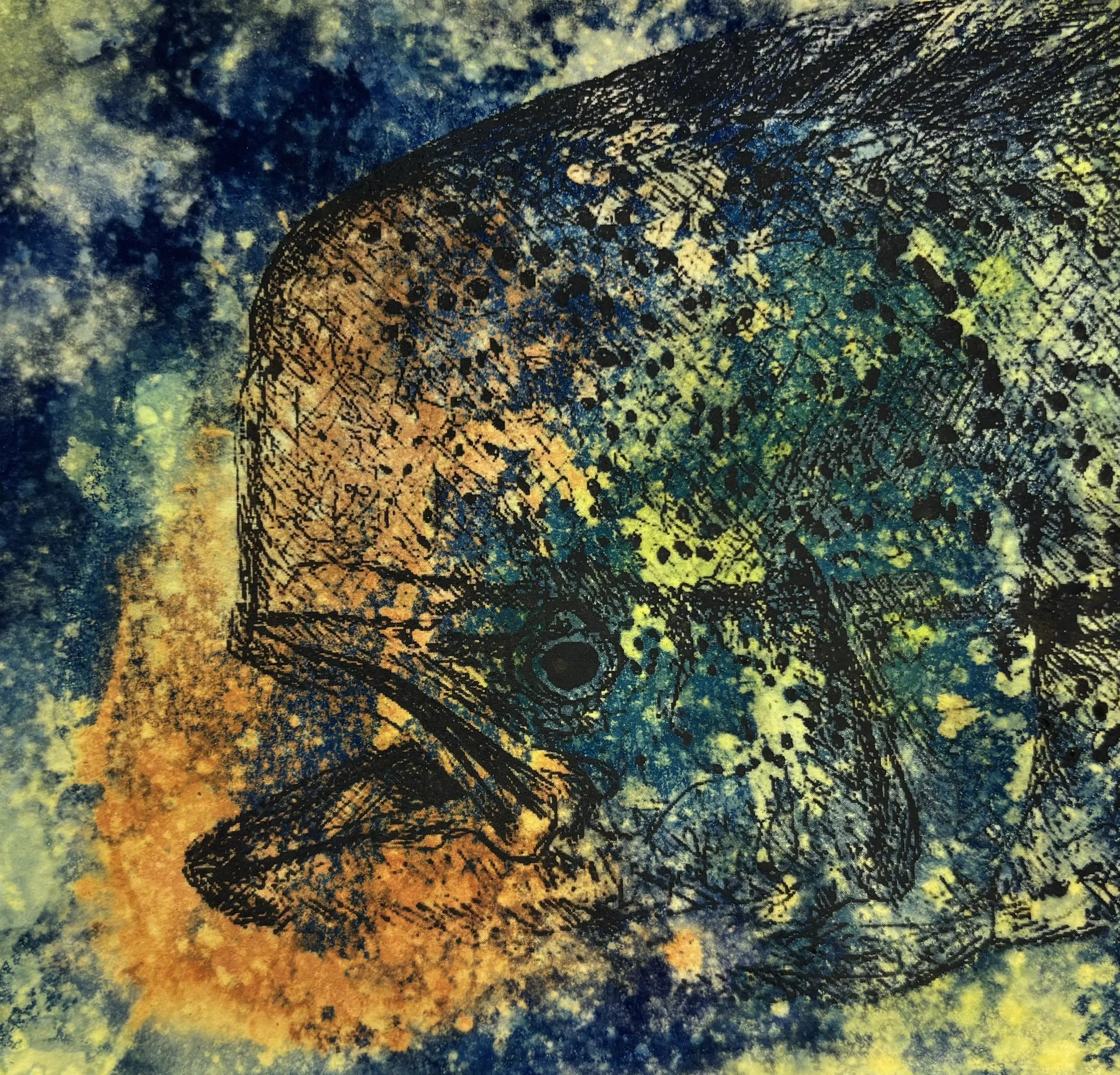 “Mahi,” 2024; Cyanotype and India ink on paper; 11⅝”H x 10⅝”W.
An experimental piece that took a turn to become a finished work. I was initially experimenting with actively altering the cyanotype as it was exposed to the sun. I sprayed bleach and pai