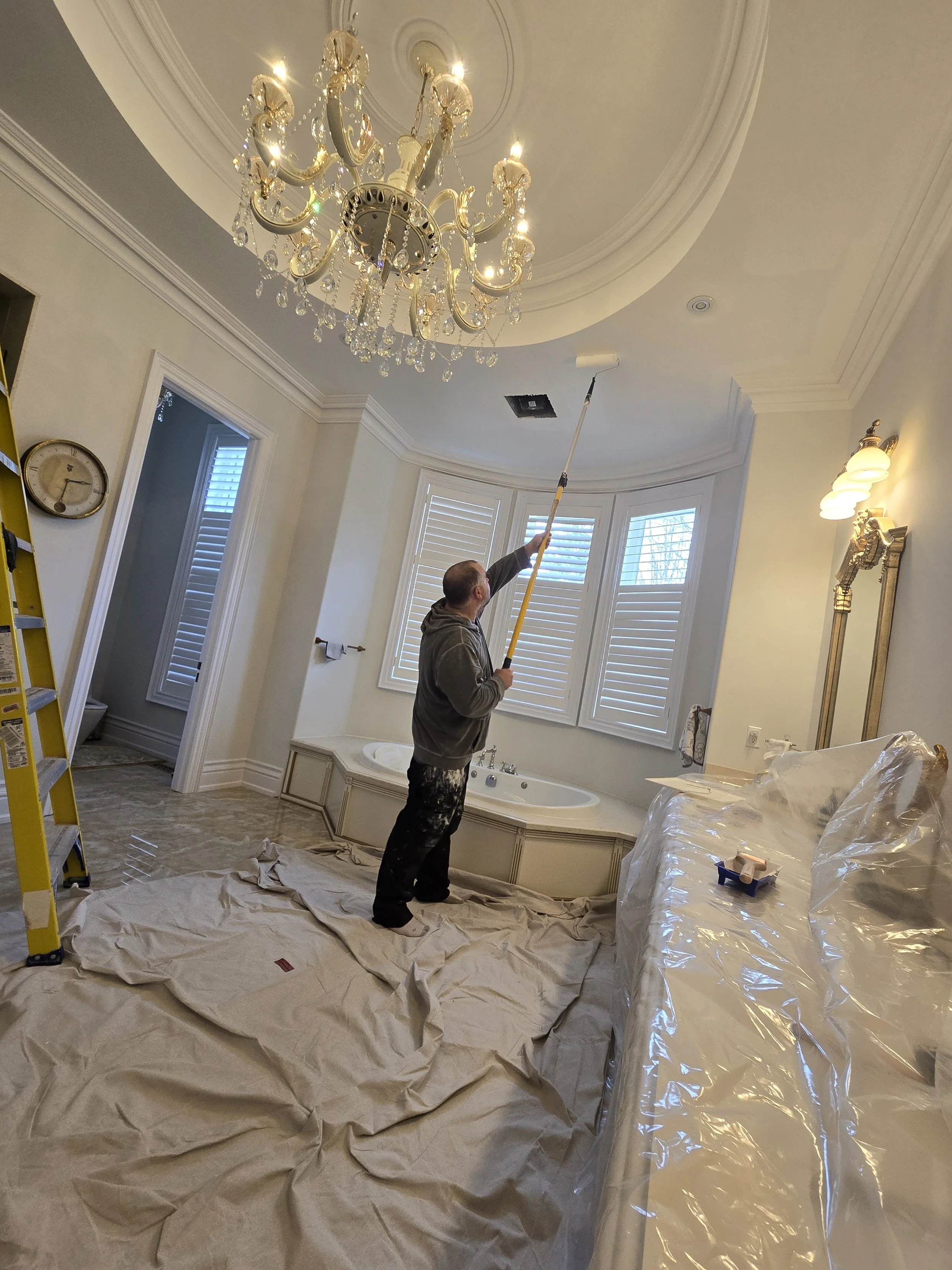 Painting bathroom, white ceiling, renovation
