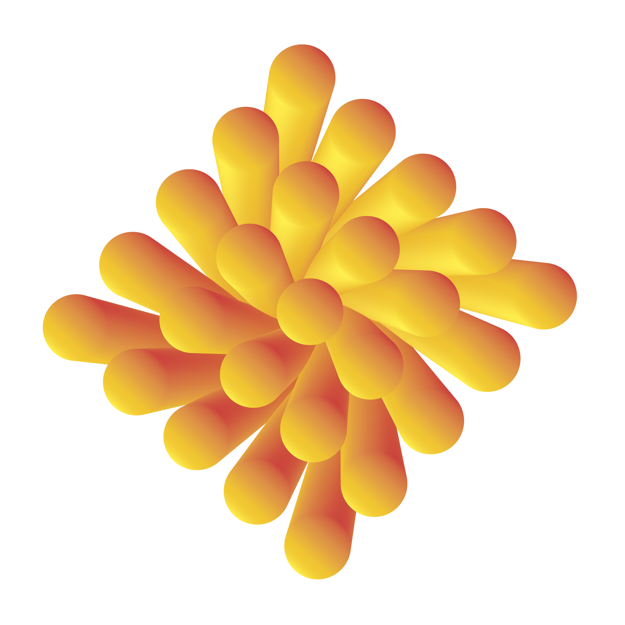A colorful, abstract 3D flower with yellow and orange petals and a small central sphere, set against a black and white background.