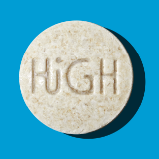A round, low dose cannabis peppermint with the word 'HiGH' engraved on it, set against a blue background.