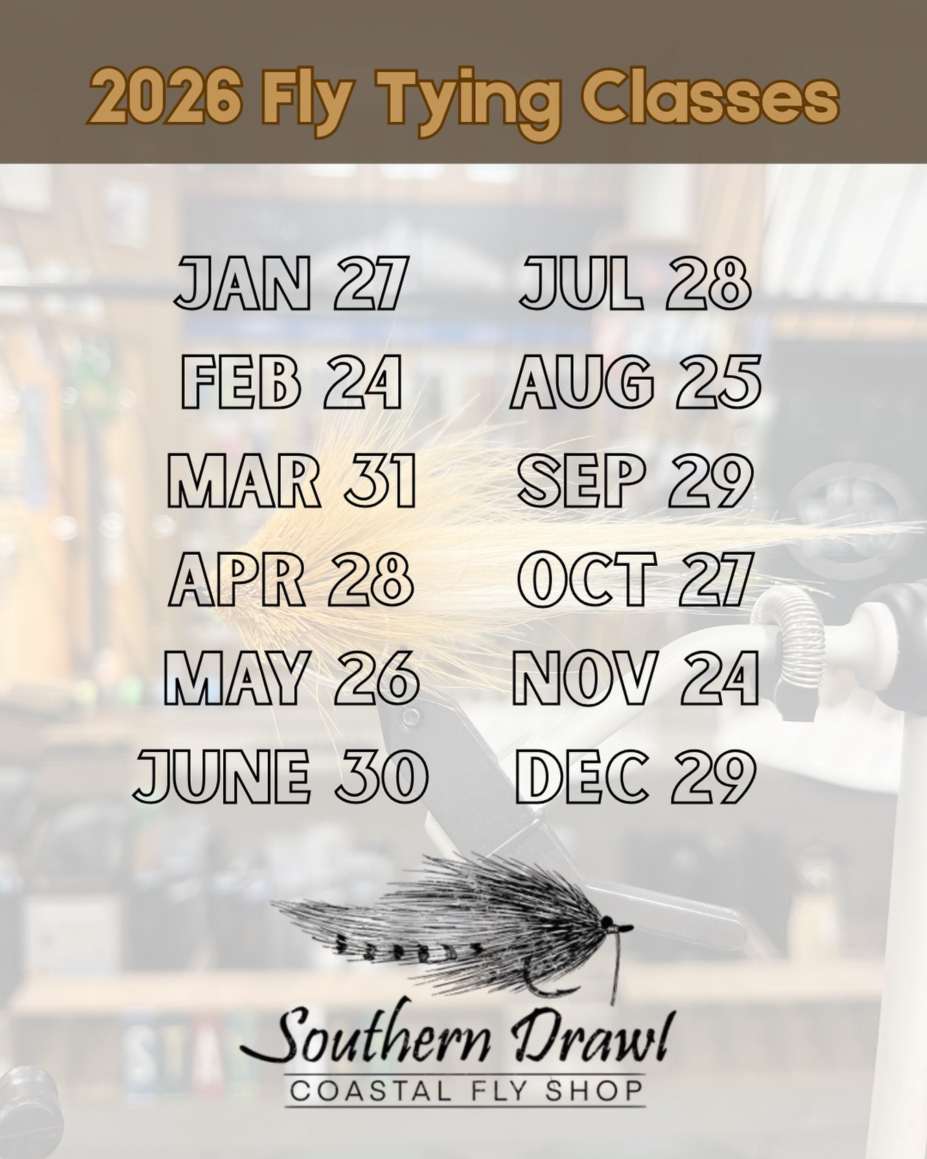 For all of 2026, join us for some fly shop fellowship on the LAST Tuesday of every month! 

Free fly tying classes for all skill levels, reserve your seat at the link in our bio

#fishing #flyfishing #flytying #hiltonhead
