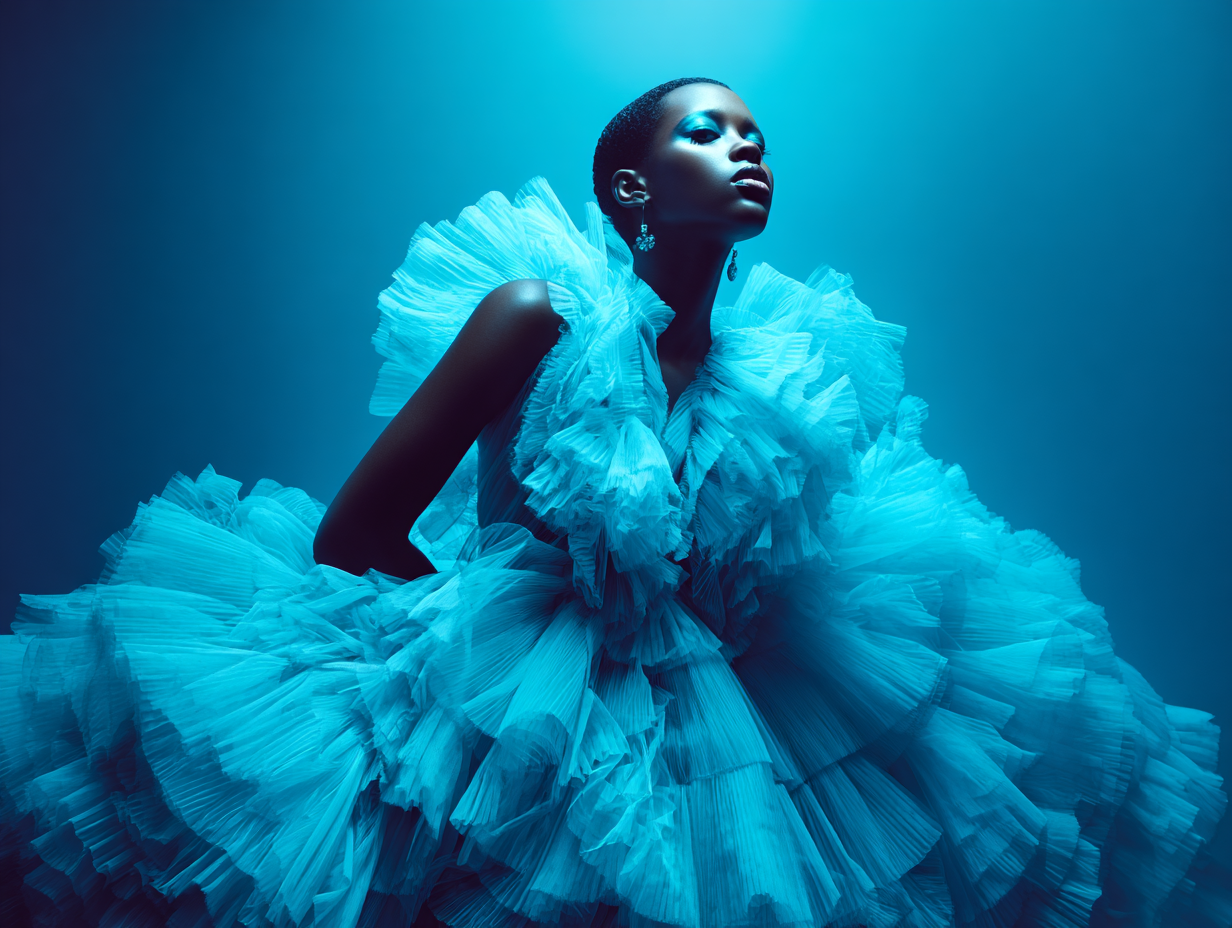 A woman in a dramatic, ruffled white dress with statement earrings, posing against a blue background.