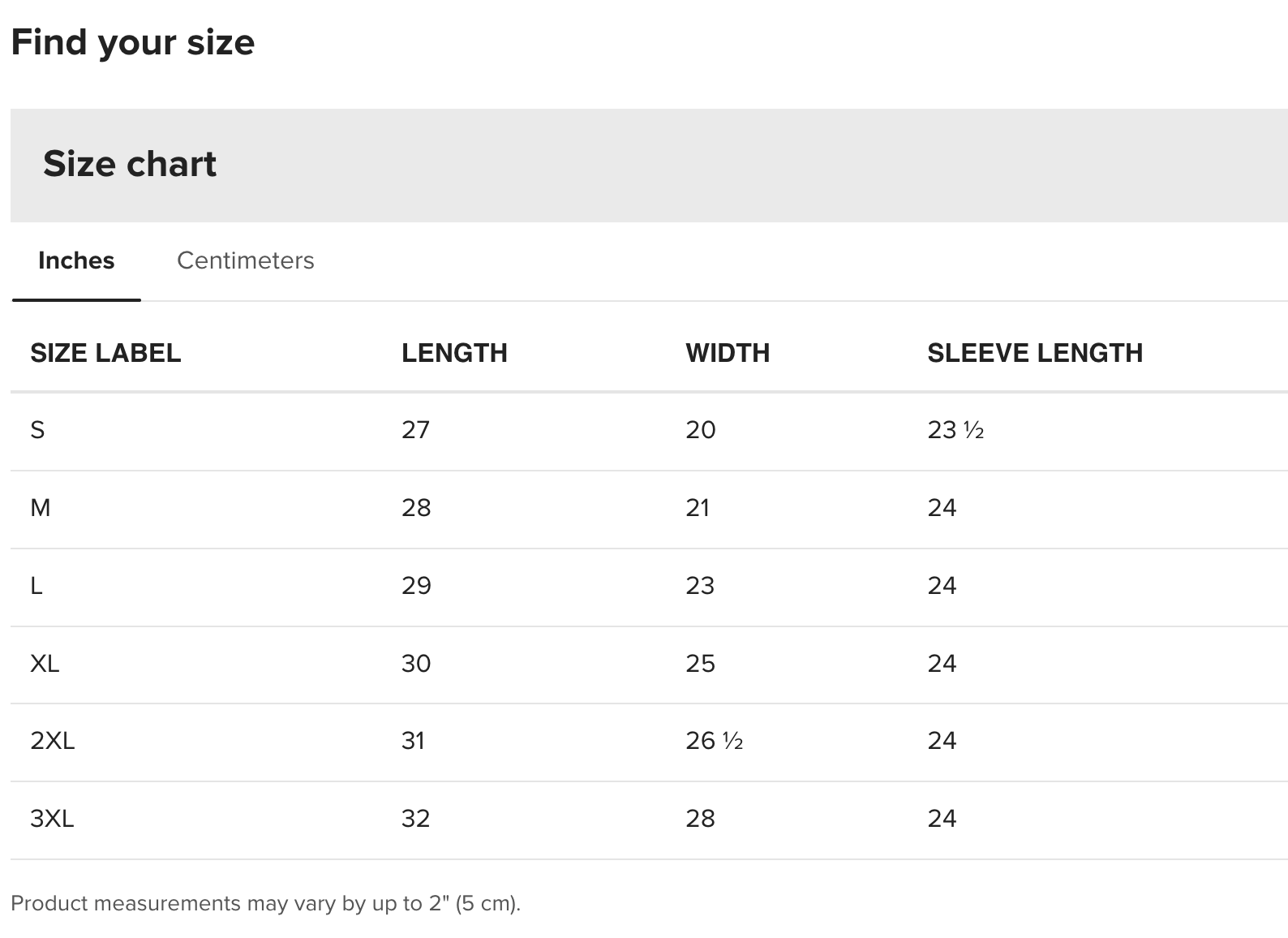 Sizes - Sweatshirts