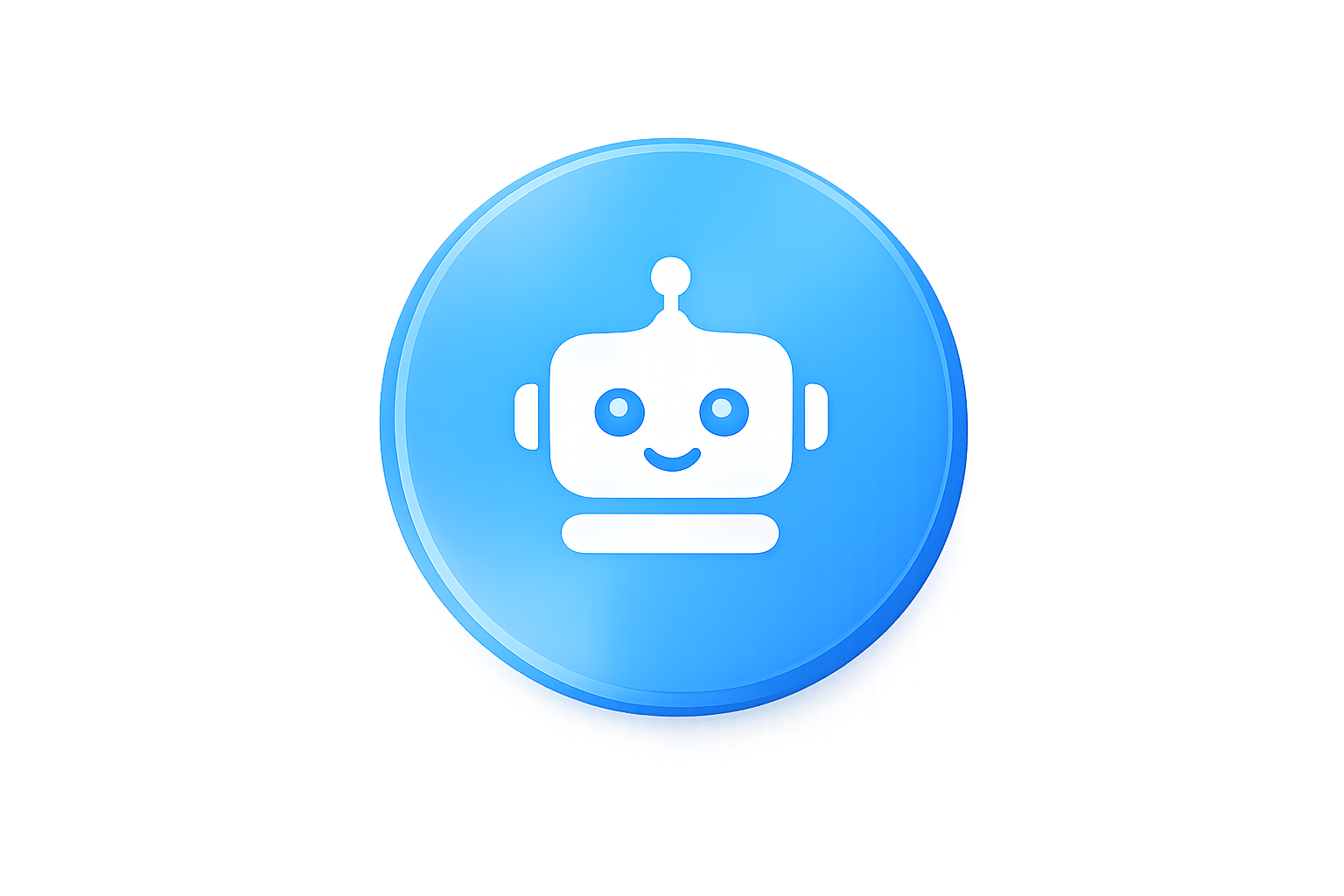 A glowing blue circular button with a cartoon robot face icon in white on it.