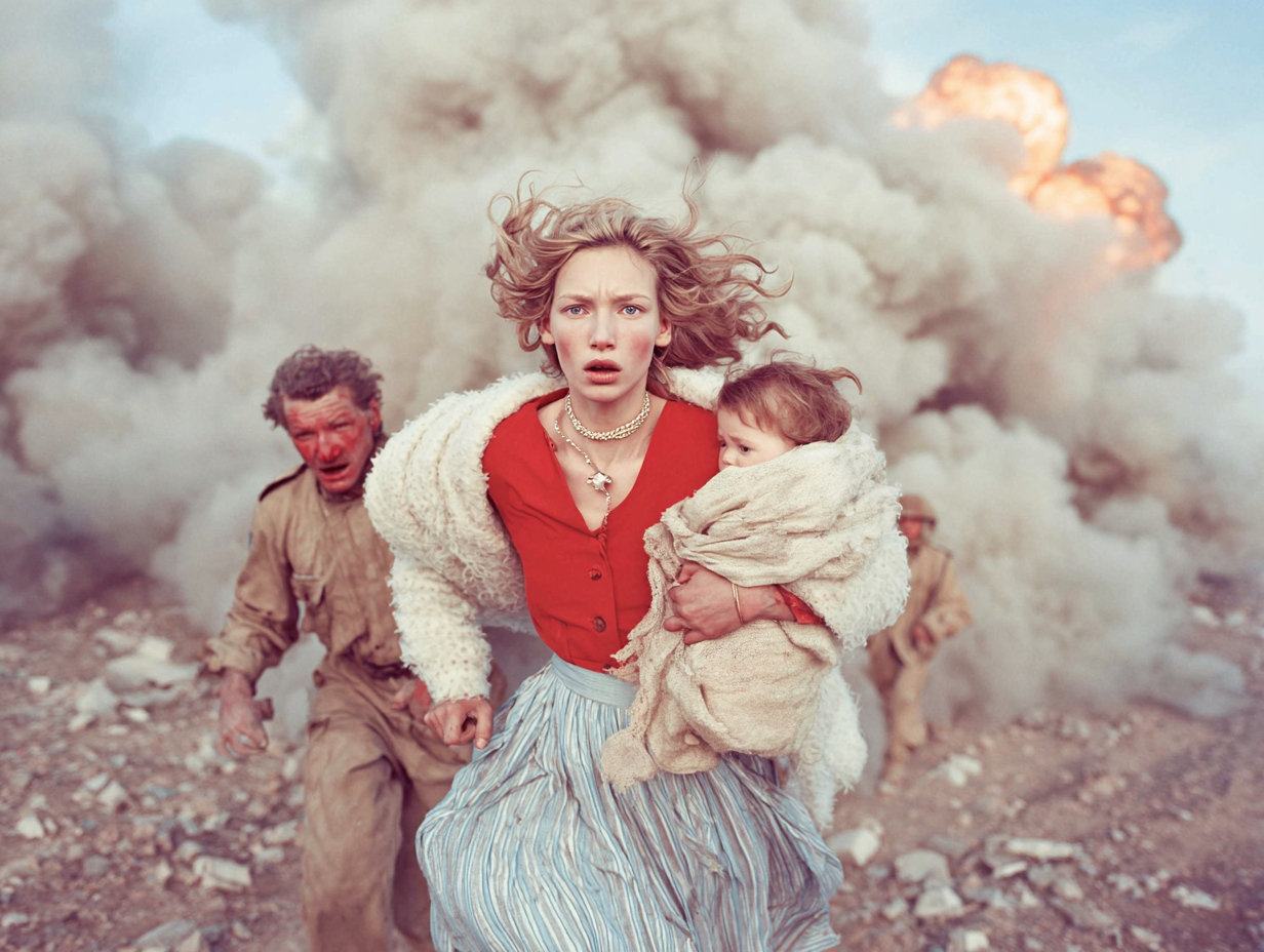 Woman holding a child running amid explosions and smoke during a battle or war scene.