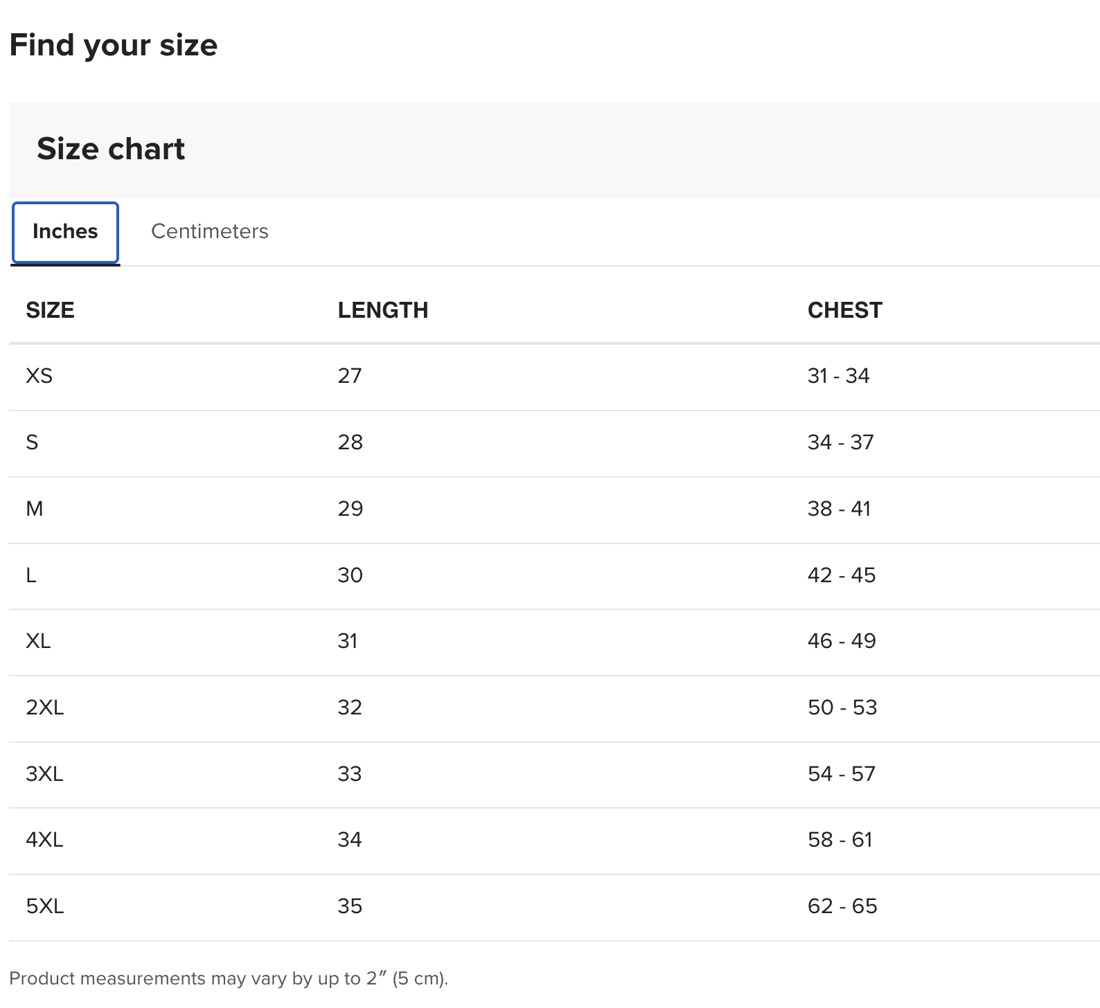 Sizes - T-shirts