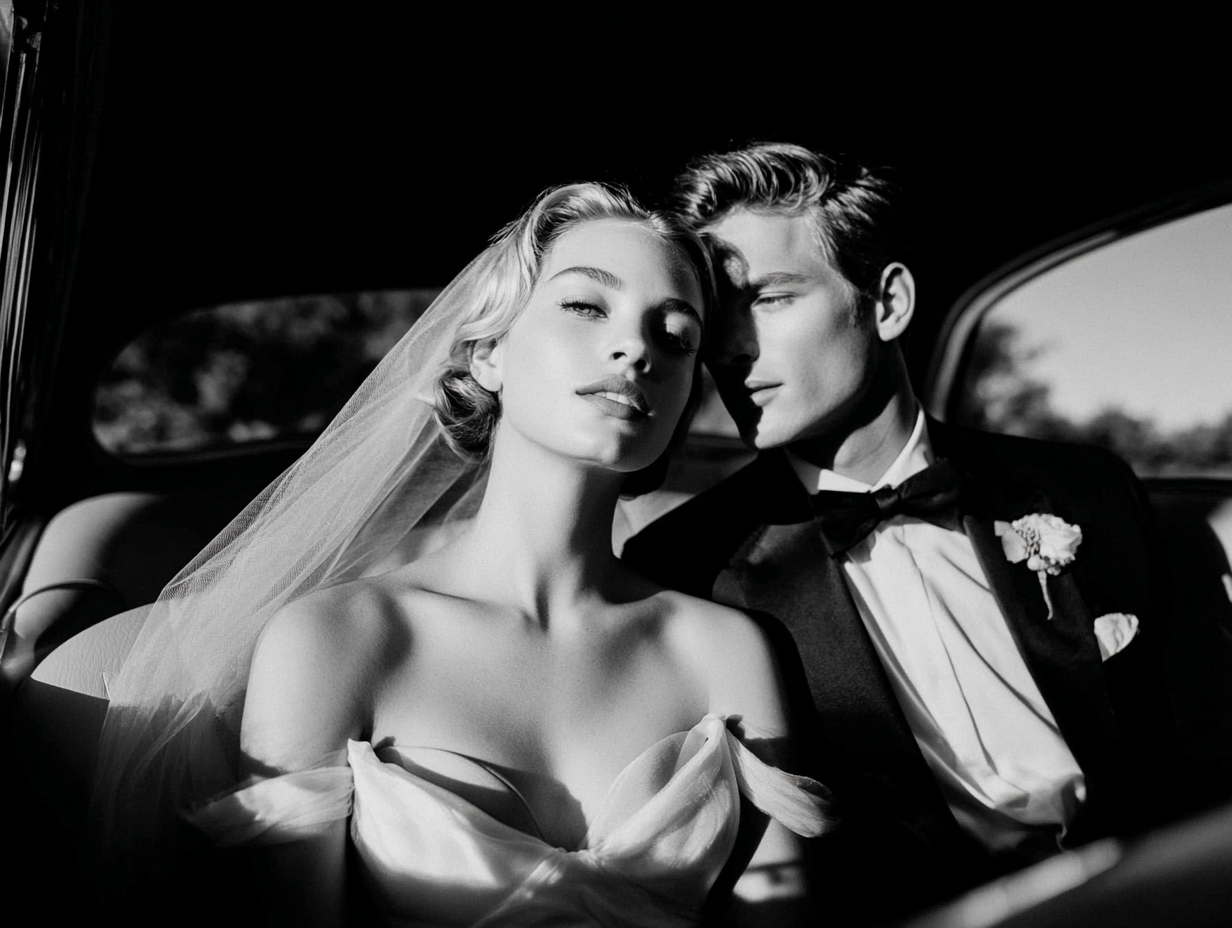 A black-and-white photo of a bride and groom sitting closely together in a vintage car, both dressed in wedding attire, with the bride wearing a strapless wedding gown and veil, and the groom in a tuxedo with a bow tie and boutonnière.