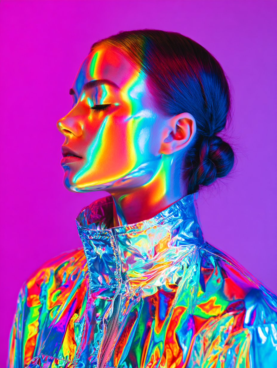 A woman with closed eyes and rainbow reflections on her face and metallic jacket, standing against a purple background.