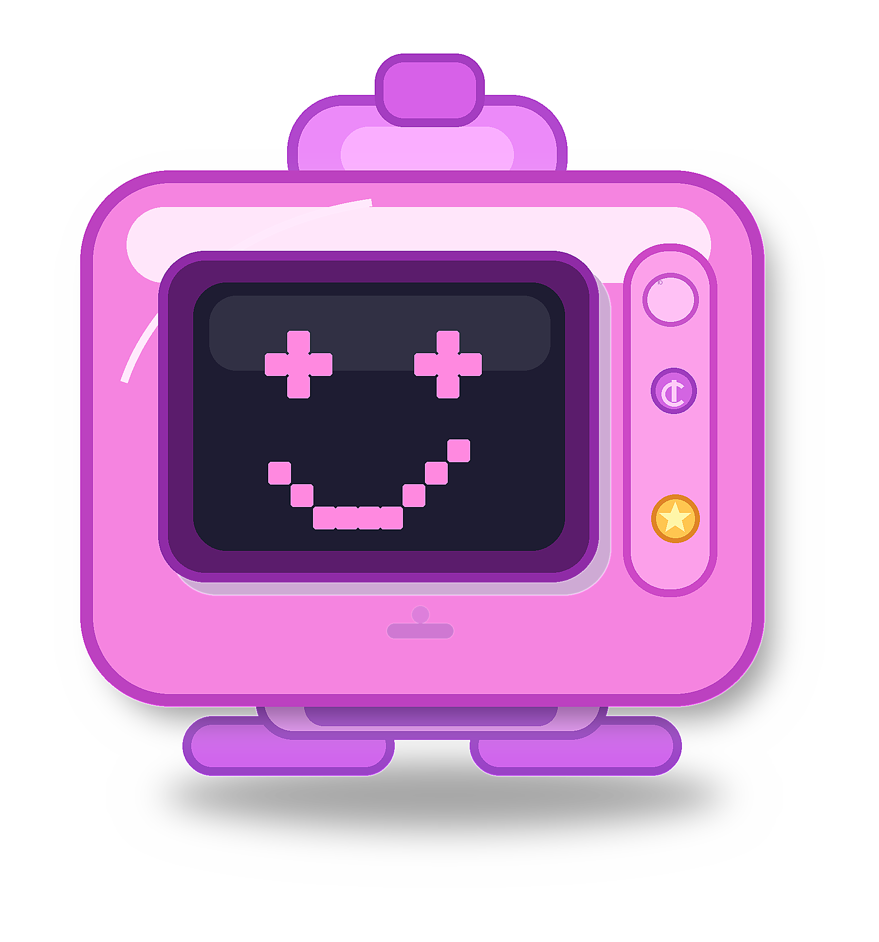 Digital illustration of a purple handheld gaming console with a retro smiley face pixel art on its screen, featuring plus symbols as eyes and a curved line for a mouth.