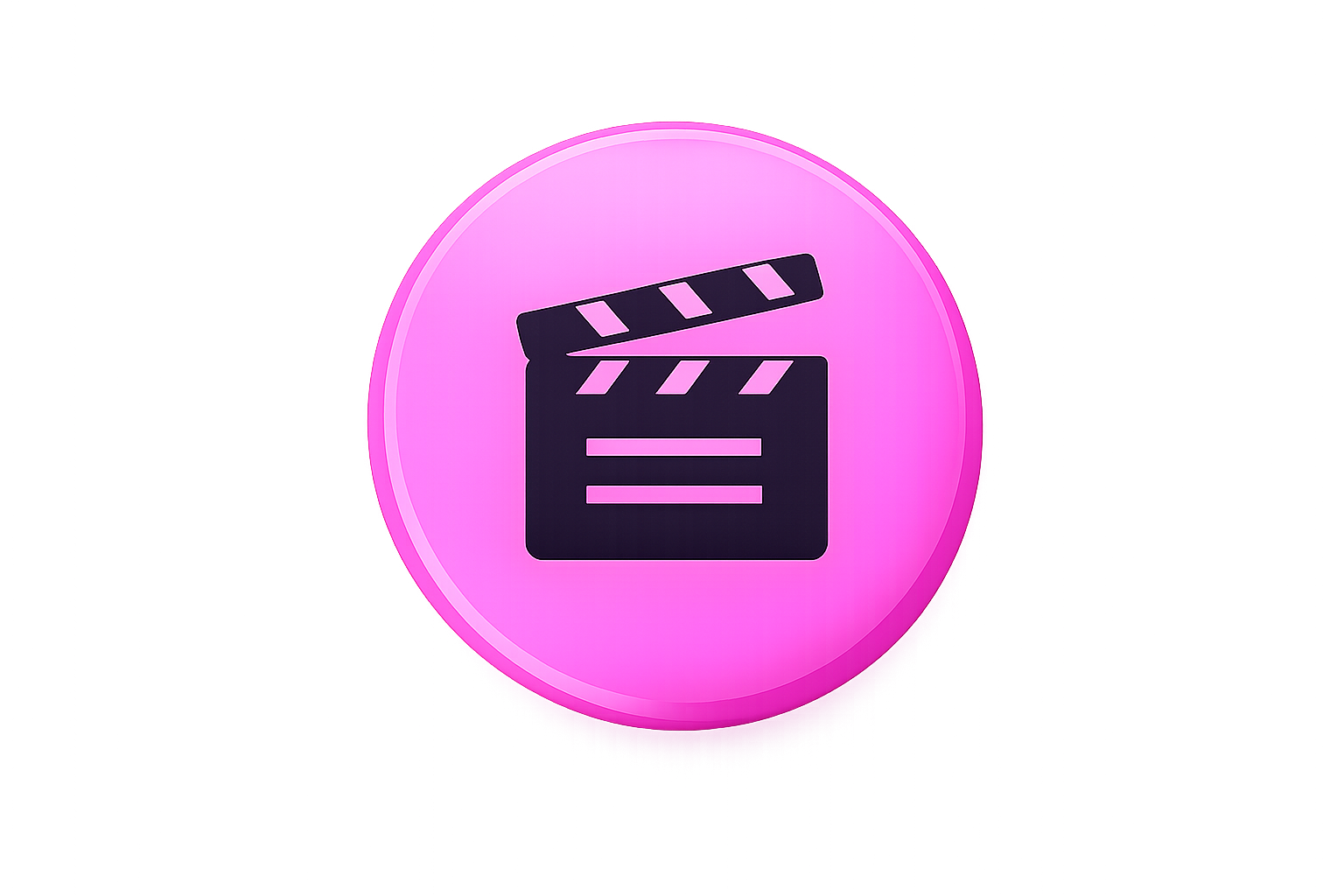 A digital illustration of a clapperboard icon inside a pink glowing circle.