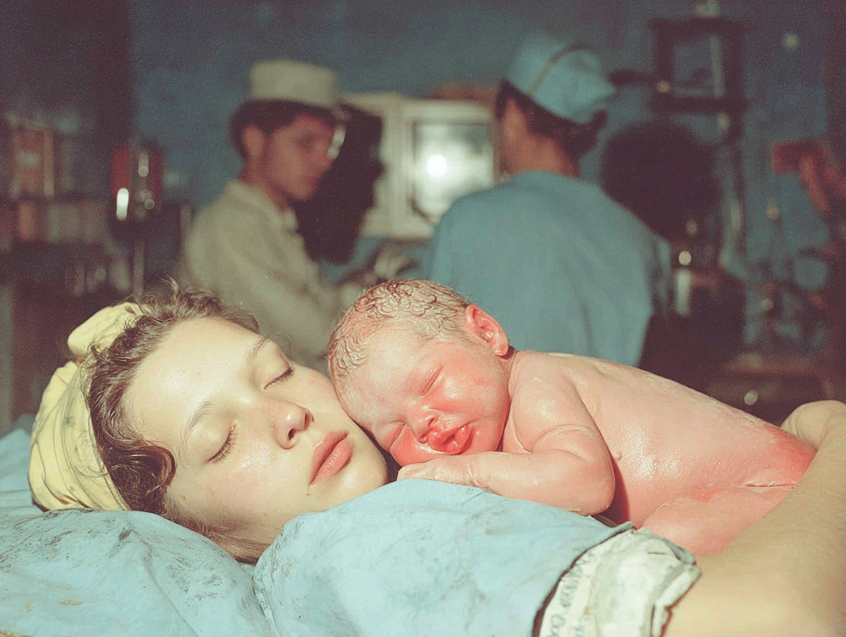 A mother lying in a hospital bed with her newborn baby resting on her chest, both peacefully sleeping, with medical staff in the background.