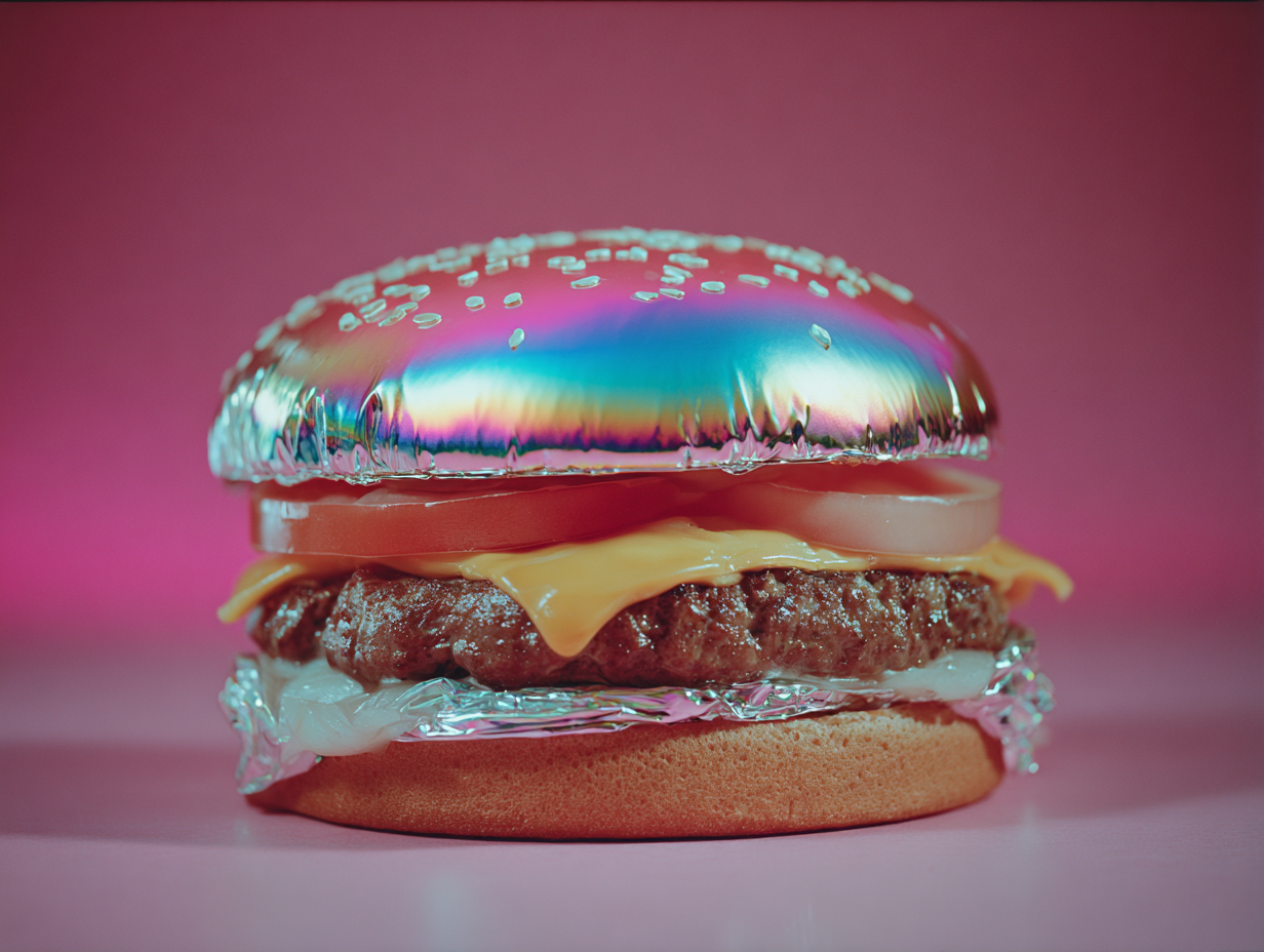 A cheeseburger with a shiny, rainbow-colored foil top bun, containing a beef patty, melted cheese, tomato slices, and a bun, against a pink background.