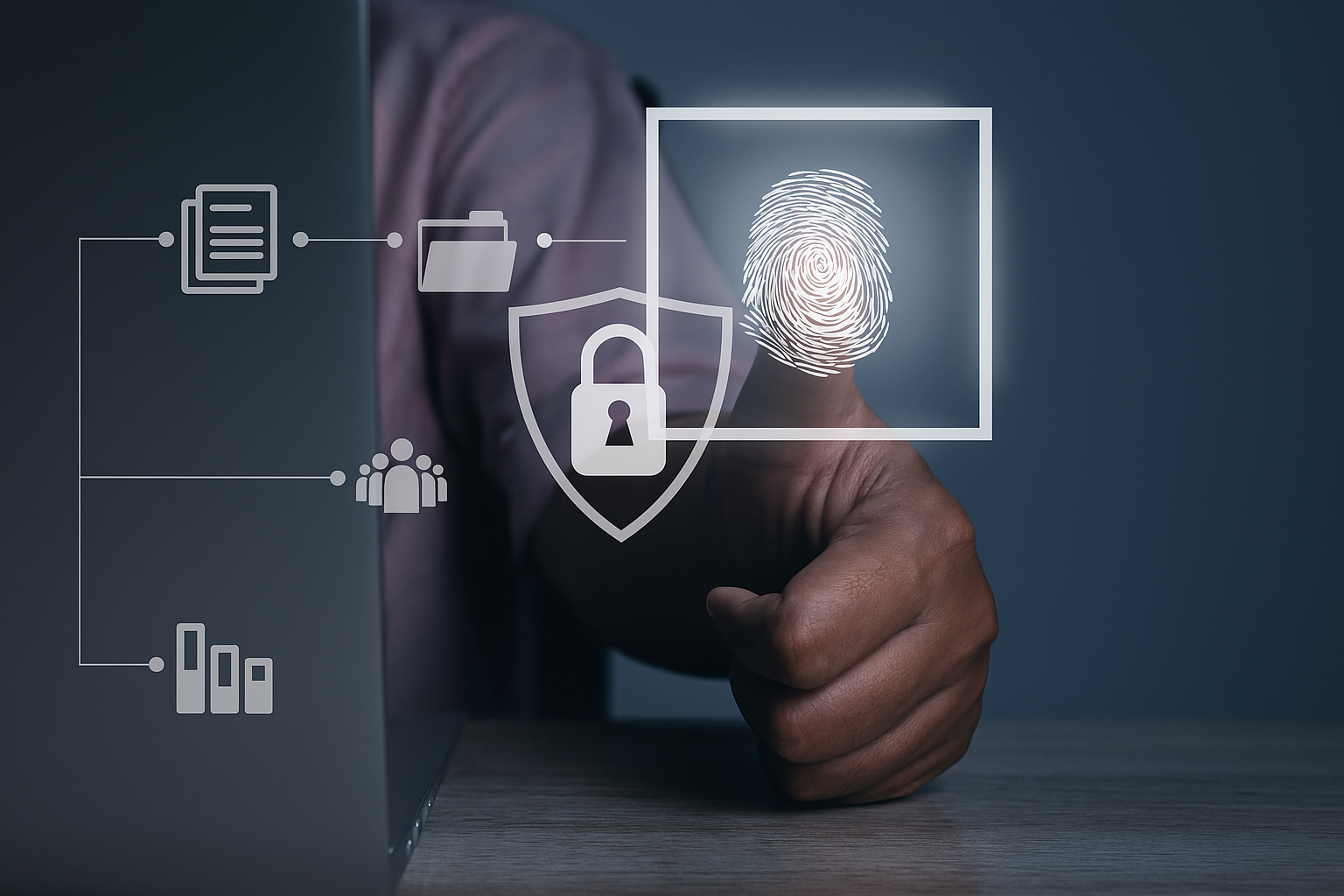 A person using a touchscreen with digital icons representing security, fingerprint recognition, and data protection.