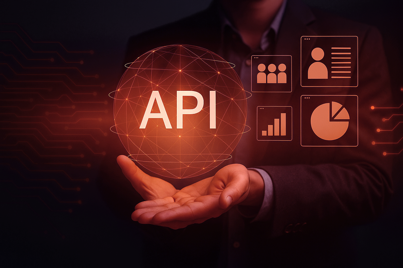 A person in a business suit holding a glowing digital globe with the text 'API' in the center, surrounded by icons representing people, bar graphs, pie charts, and data analytics.