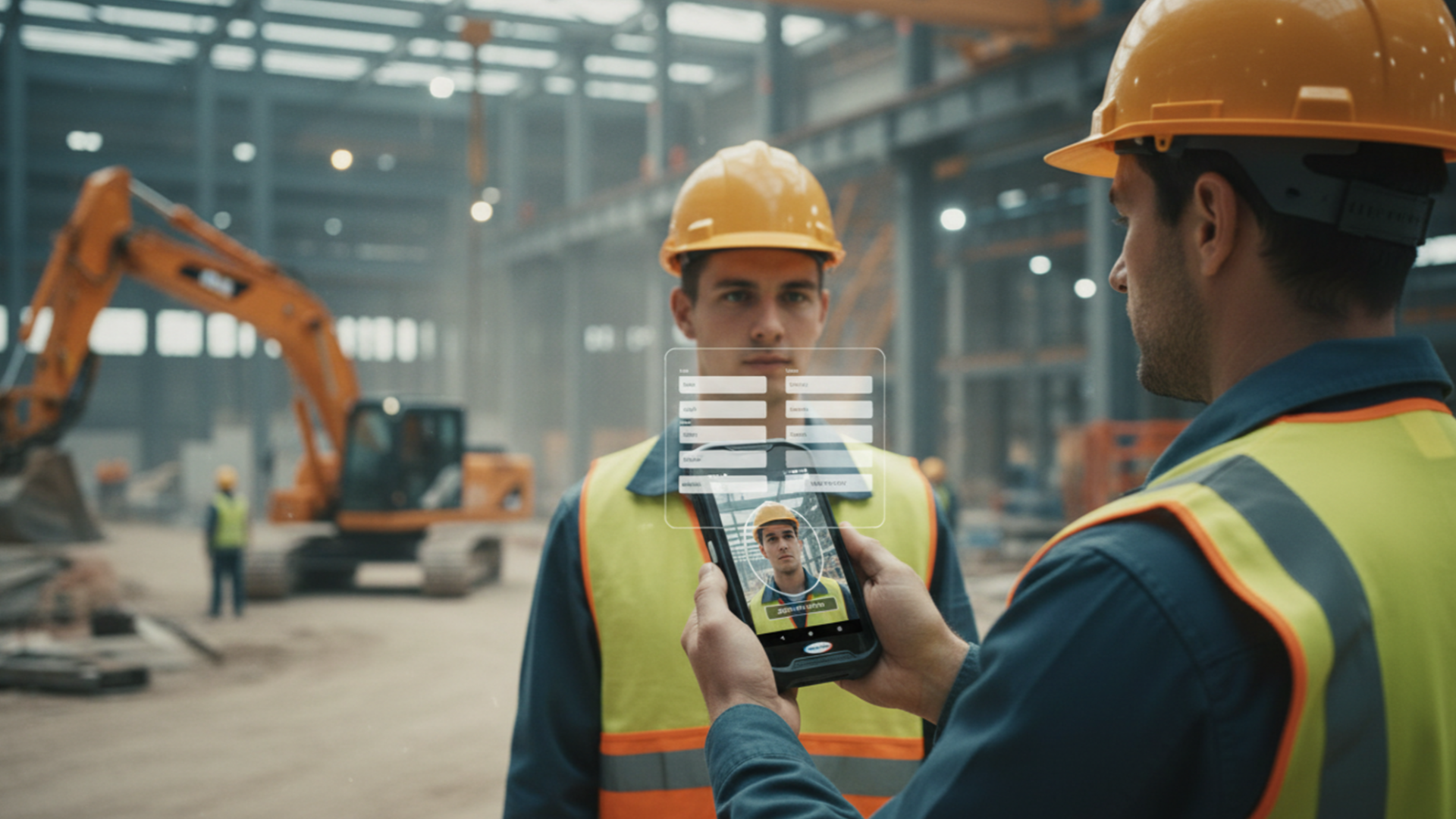 Zwei Bauarbeiter mit gelben Schutzhelmen und Warnwesten auf einer Baustelle. Ein Arbeiter macht ein Selfie vom anderen, der direkt in die Kamera blickt. Im Hintergrund sind Baumaschinen und weitere Arbeiter zu sehen.