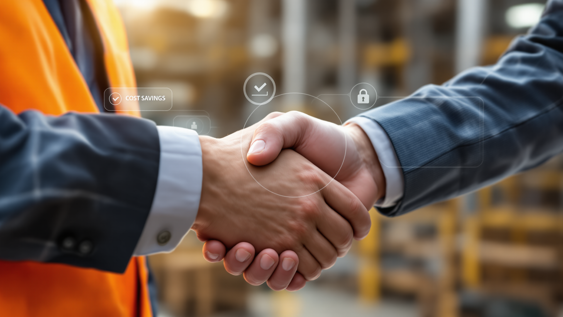 Zwei Menschen in Anzügen, die sich in einem Lagerhaus die Hand geben.