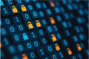 Close-up view of a digital screen displaying binary code and padlock icons, symbolizing cybersecurity or data encryption.