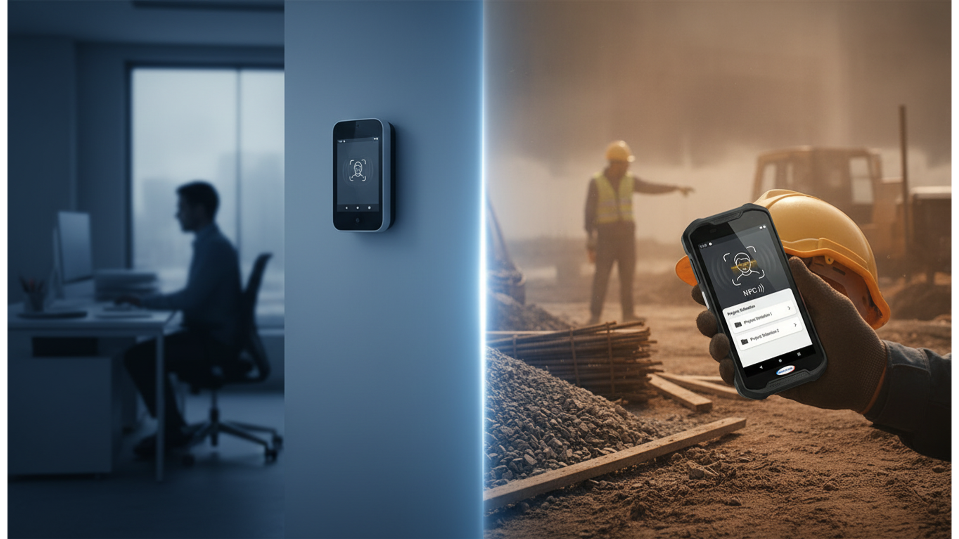 Vergleich zwischen Sicherheitssystemen für den Innen- und Außenbereich: ein Sicherheitsgerät an einer Bürowand und ein Bauarbeiter, der auf einer Baustelle ein Smartphone mit einer Sicherheits-App nutzt.