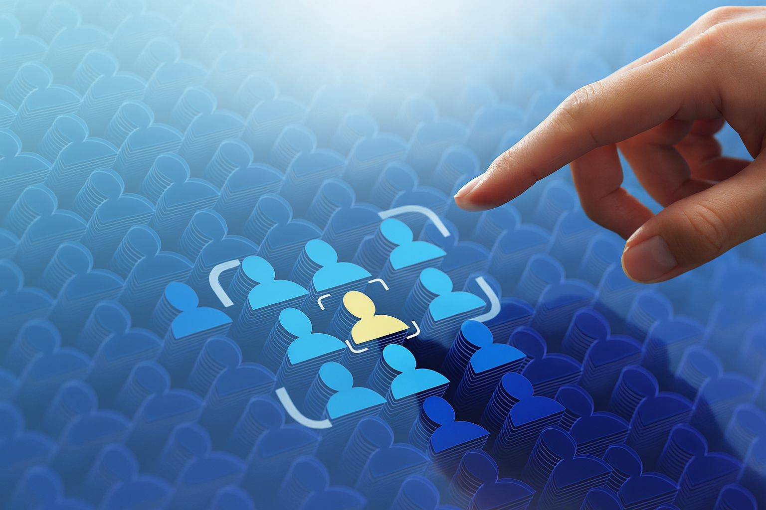 A hand tapping a digital icon of a yellow person surrounded by blue user icons, representing social media or digital networking.