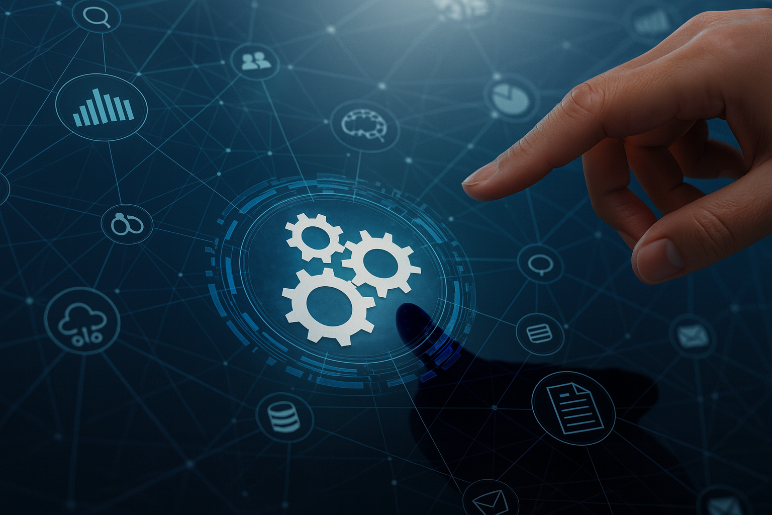 A hand interacts with digital icons, including a gear symbol, representing technology, automation, or system settings, on a futuristic interface with interconnected data symbols.