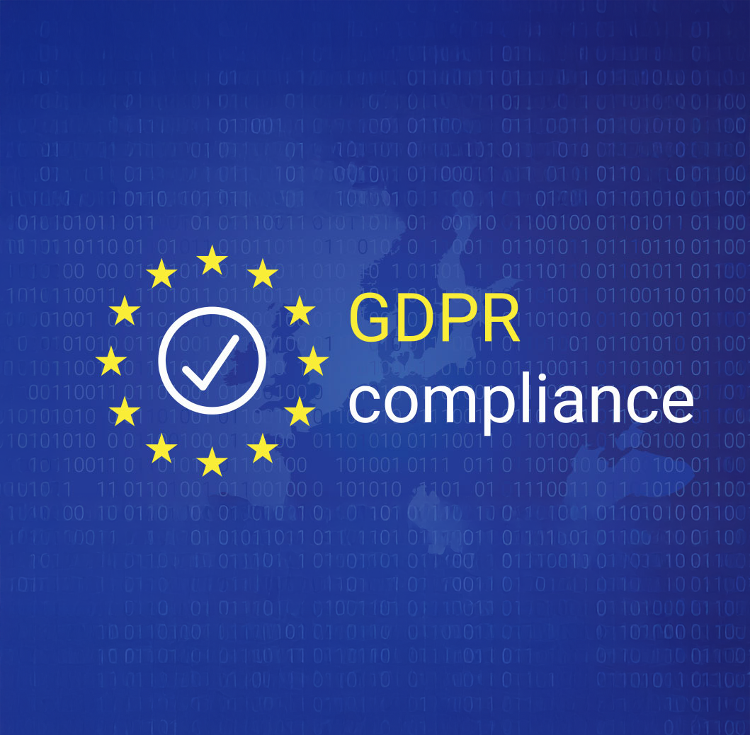 Digital graphic showing the EU flag with 12 stars in a circle, a check mark inside a circle, and text that reads 'GDPR compliance' on a blue binary code background.
