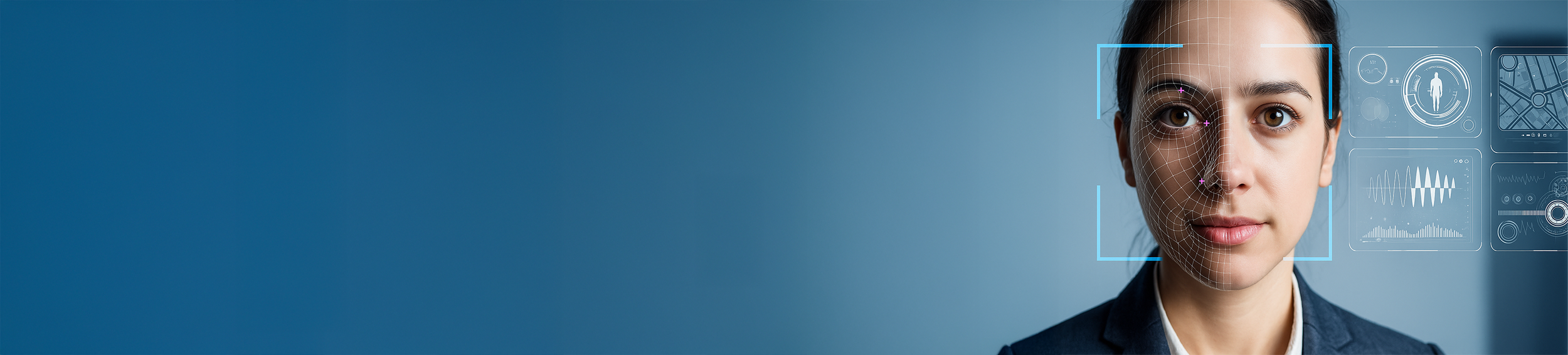 A woman with a facial recognition scanner overlay, showing facial mapping and digital interfaces surrounding her face.