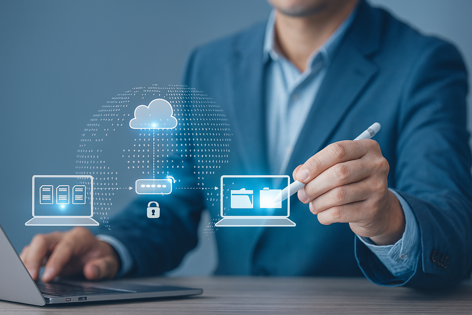 A man in a blue suit interacts with digital cloud computing and data storage icons projected over a laptop, including cloud, folder, lock, and server symbols.