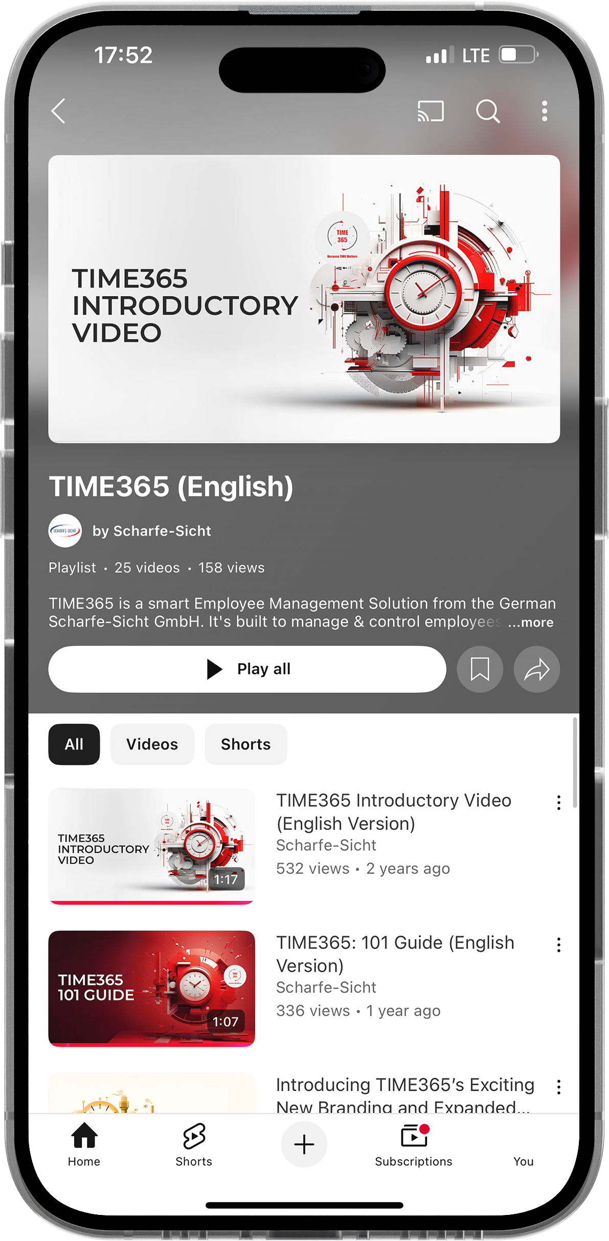 YouTube app displaying the page for a video titled 'TIME365 Introductory Video,' with a cover image showing a red and white clock with gears and abstract designs. The video is by Scharfe-Sicht and is 1 minute and 17 seconds long.