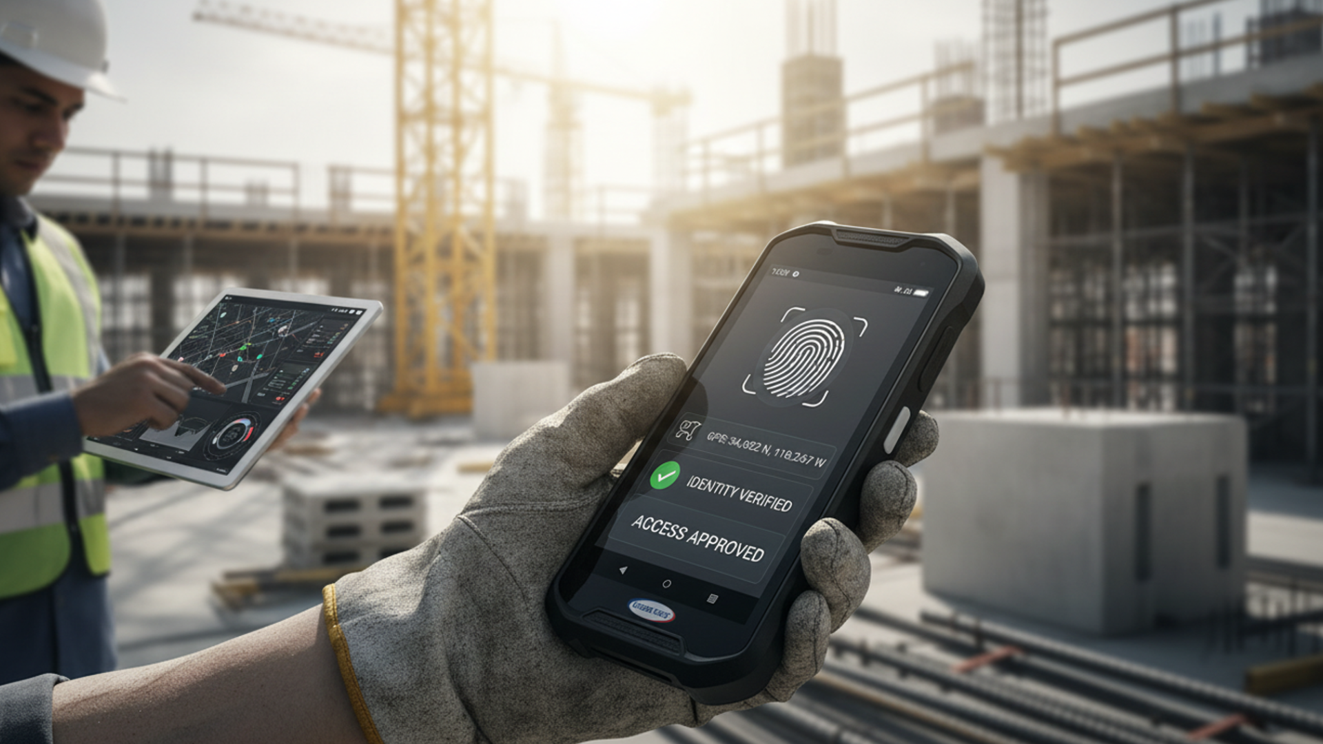 Ein Arbeiter auf einer Baustelle hält ein robustes Smartphone in der Hand, auf dem eine Meldung zur Fingerabdruck-Authentifizierung und -Freigabe angezeigt wird; im Hintergrund nutzt ein anderer Arbeiter ein Tablet, auf dem ein Bauplan zu sehen ist.