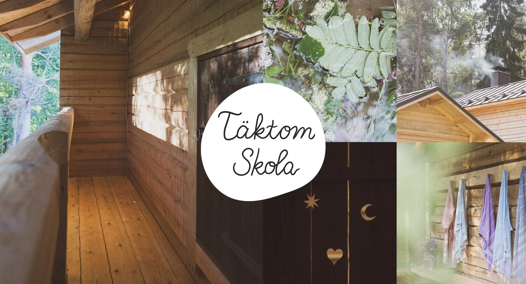 Tunnelmallinen hirsisauna ilta-auringon valossa. Yrttijalkakylpy rentoutumiseen, yksityiskohtia saunasta. Pyyhkeet kuivamassa saunan terassilla.