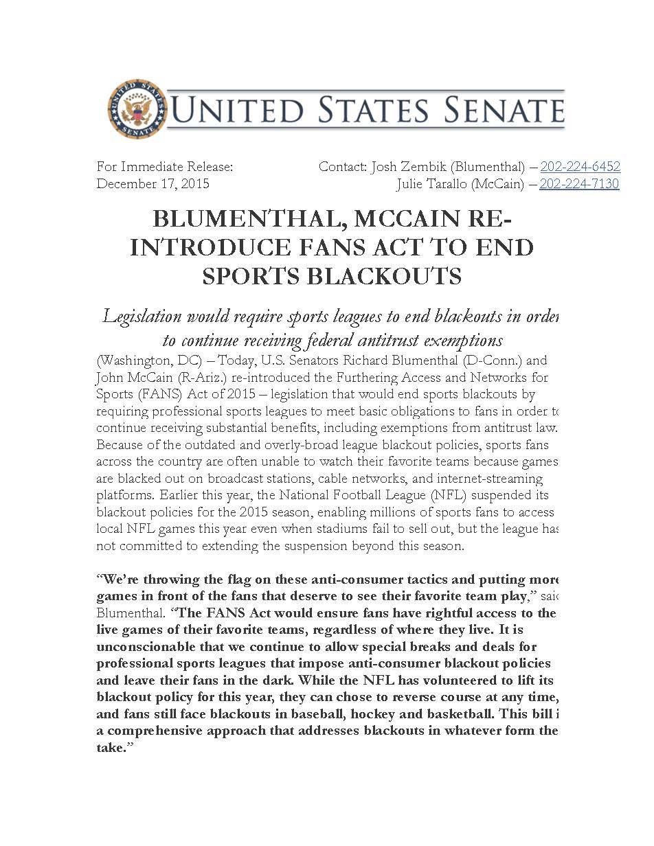 Senators McCain and Blumenthal Stick Up for Fans, Veterans
